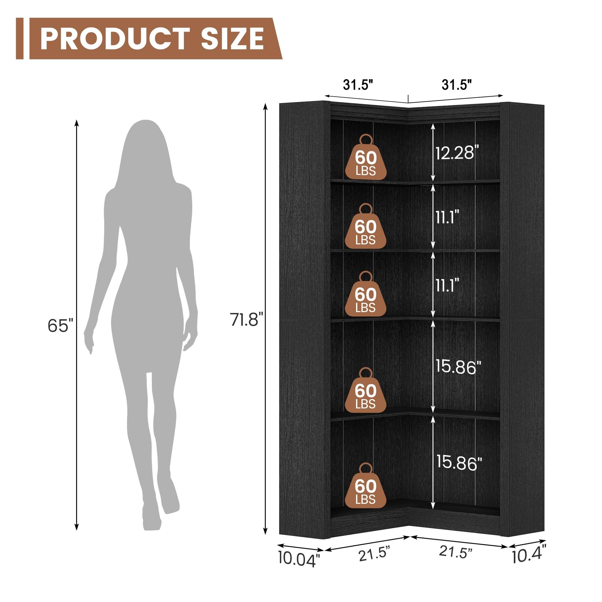 Mensola angolare Garvee, nera, in formato L, 5 ripiani, MDF antigraffio, robusta con antiribaltamento meccanico, per soggiorno, 31,5x31,5x182 cm