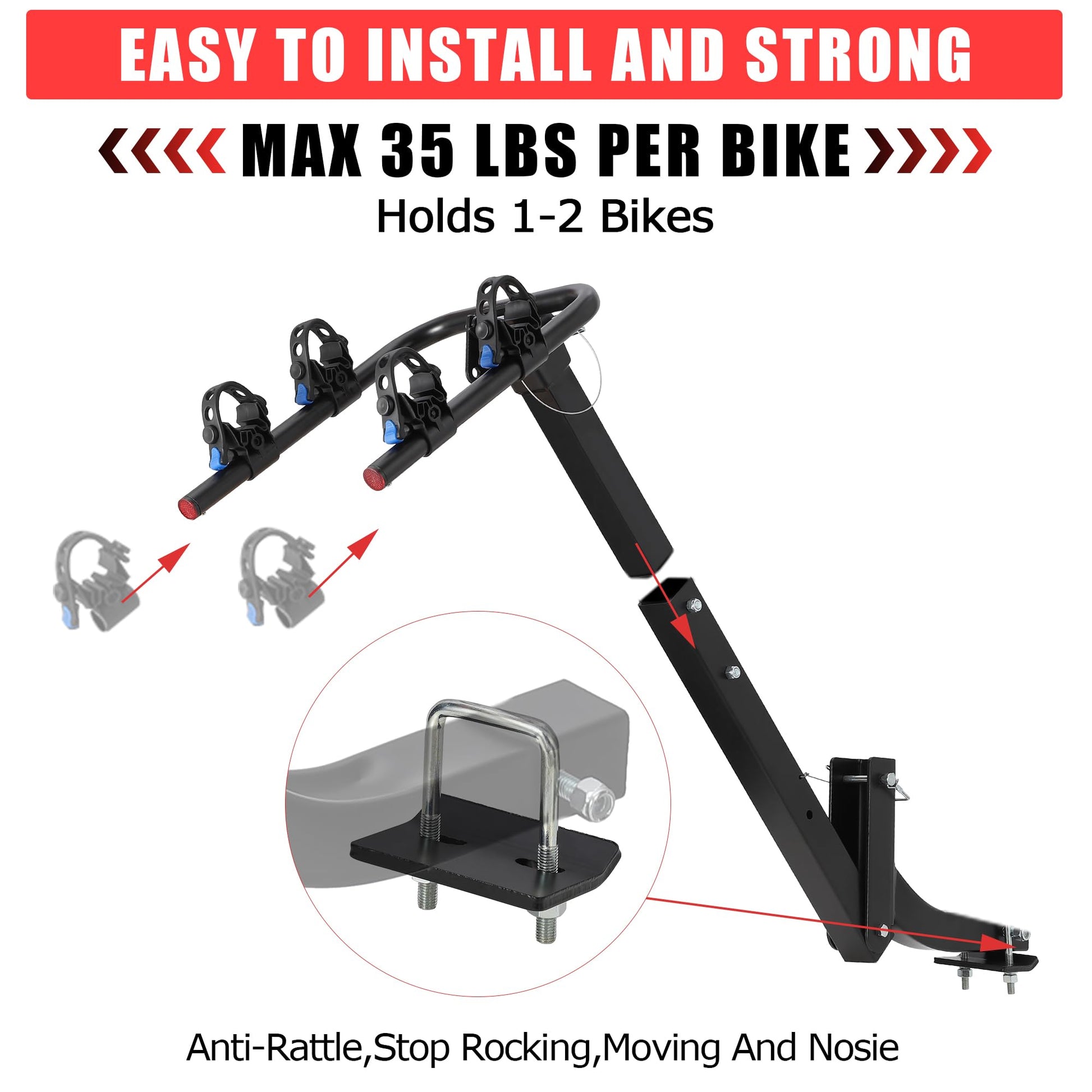 Portabici posteriore Garvee per 2 biciclette con stabilizzatore e cinghie, gancio di traino per bici elettriche, distanza tra i bracci 12,7-18,3 cm, nero