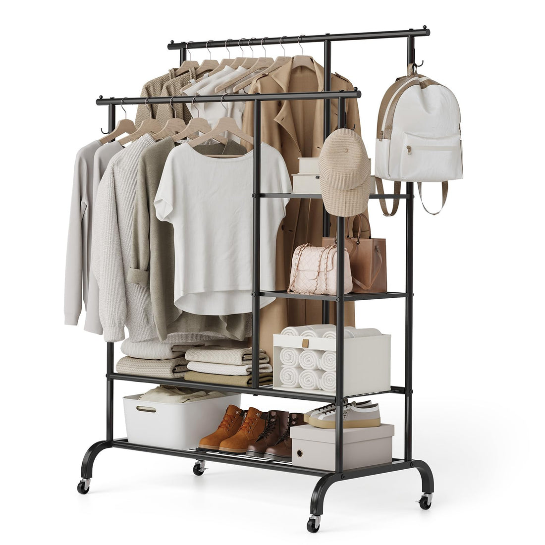 Garvee Premium - Appendiabiti resistente su ruote - Capacità di carico 120 kg, Doppio appendiabiti, Armadio industriale con ruote, Metallo, Nero