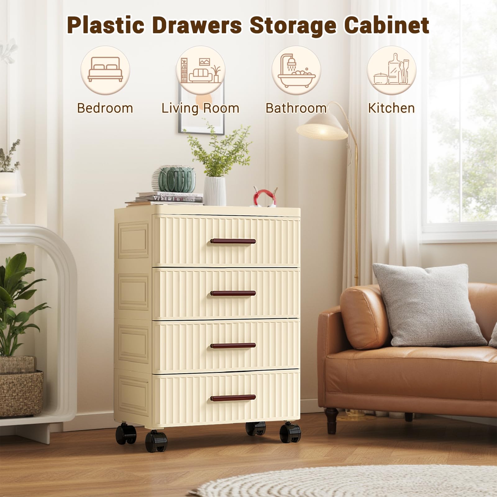 Mobiletto portaoggetti multifunzionale Garvee con 4 cassetti, ruote, plastica, colore crema, 48 cm, per camera da letto e soggiorno