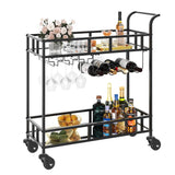 Garvee Carrello Bar Mobile 2 Ripiani con Ruote, Portabottiglie e Porta Bicchieri, Metallo Nero, Compatto per Casa e Feste, 86x38x90 cm