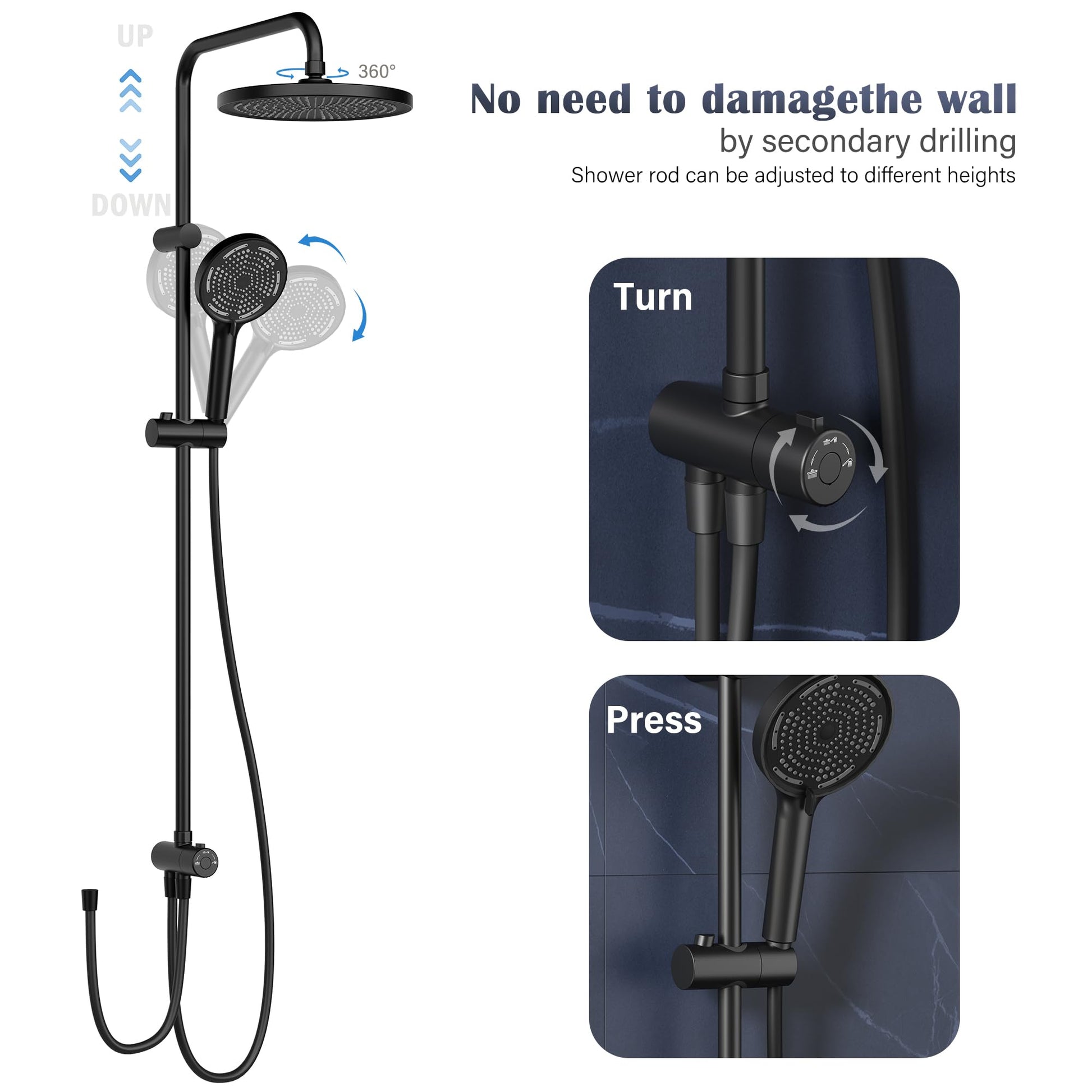 GARVEE Doccia a pioggia senza raccordi – Colonna doccia in acciaio inox nera rotonda 25 cm