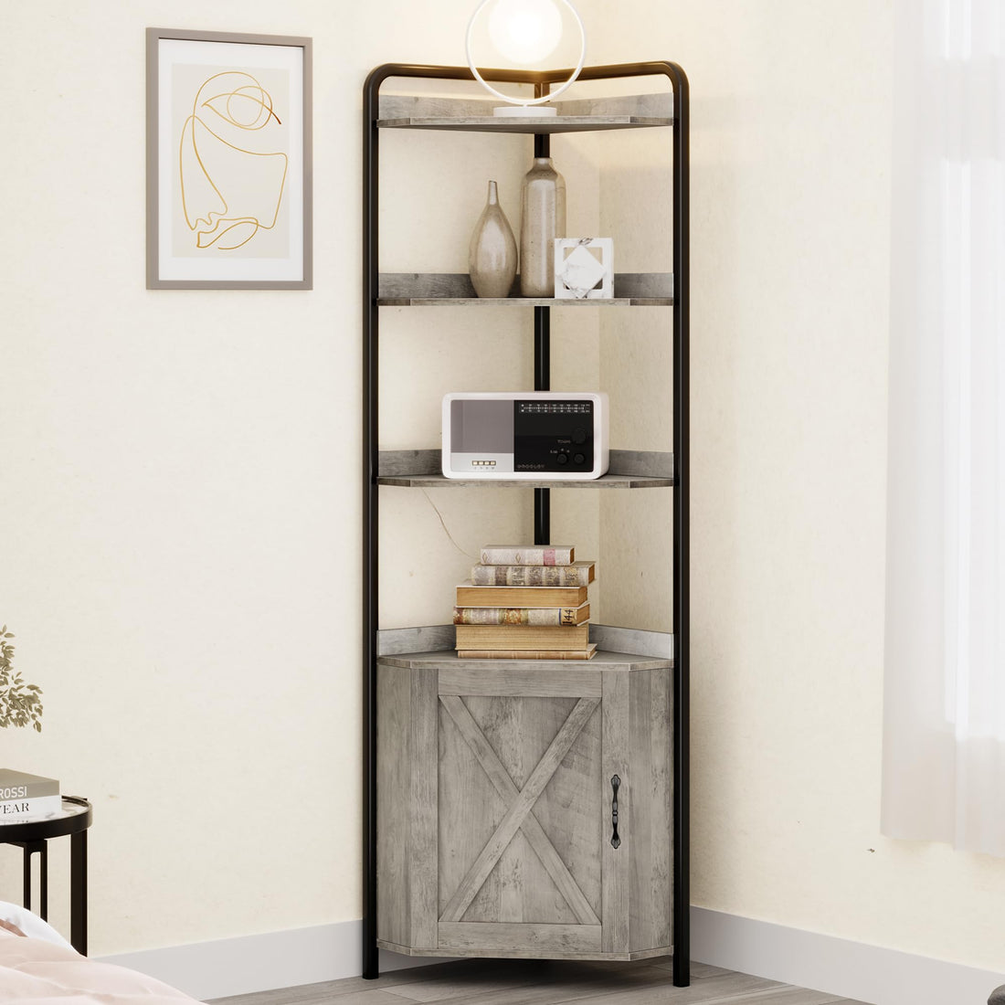 Mobile Angolare Garvee da 70.9 pollici, libreria a 5 ripiani, struttura in metallo, legno, rustico, industriale, stabile, piedini regolabili, soggiorno, ufficio, cucina, grigio