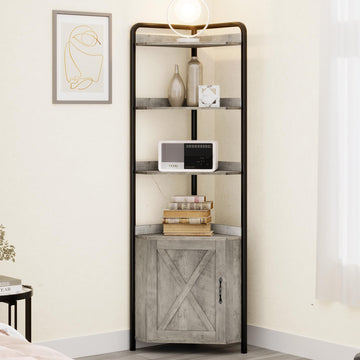 Mobile Angolare Garvee da 70.9 pollici, libreria a 5 ripiani, struttura in metallo, legno, rustico, industriale, stabile, piedini regolabili, soggiorno, ufficio, cucina, grigio