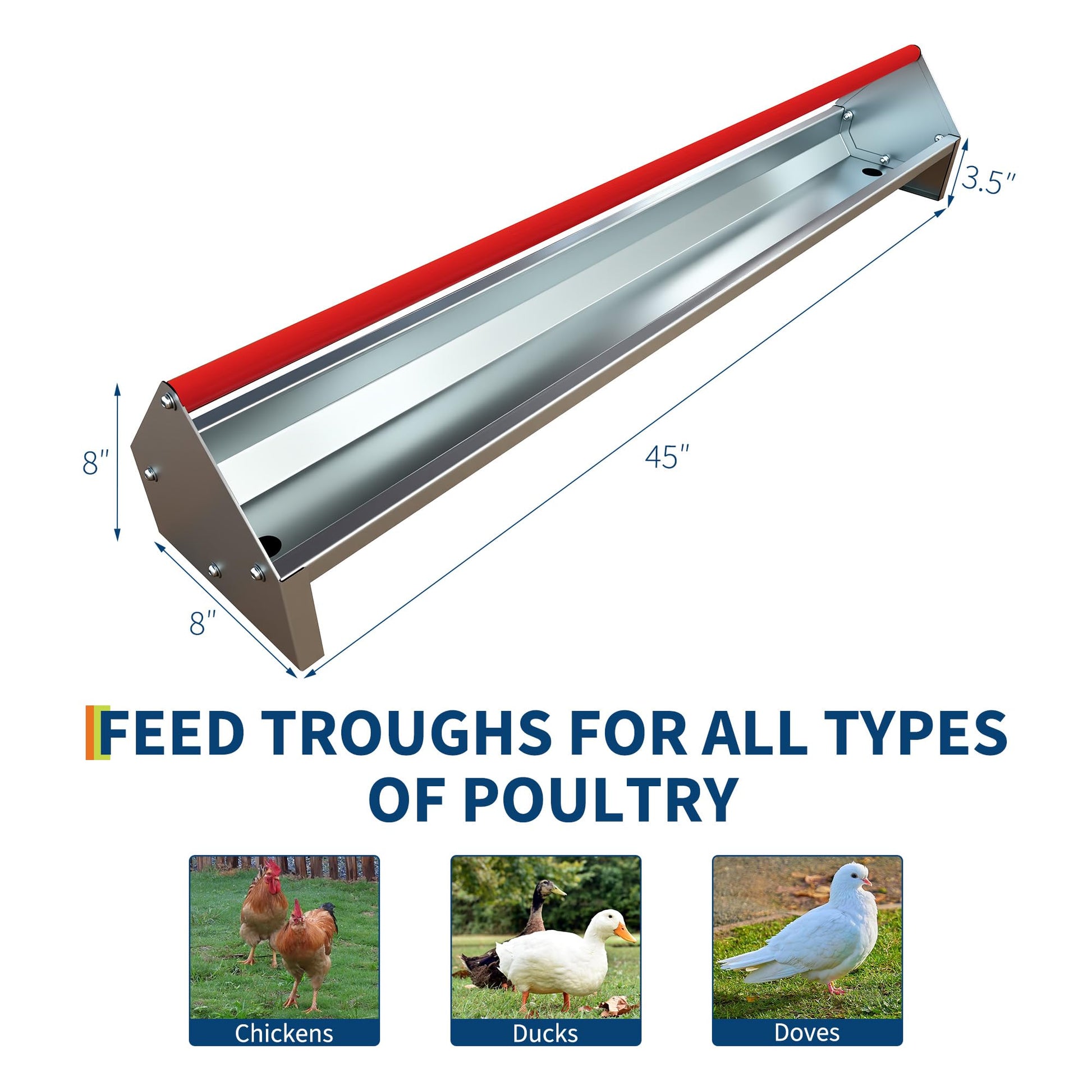 Mangiatoia per polli Garvee da 45 pollici, contenitore per mangime in acciaio zincato, grande, barra trasversale girevole, antiruggine, con scarico per polli e anatre all'aperto