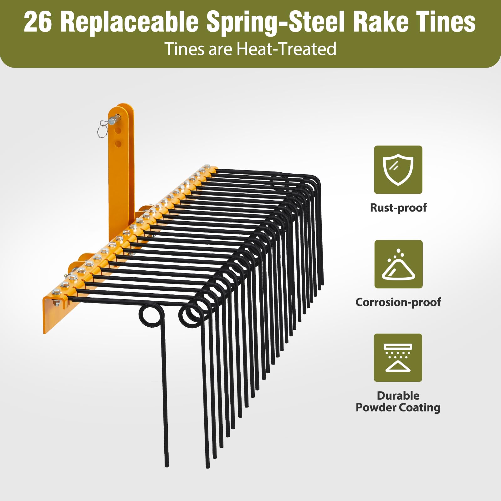 Garvee Rastrello Paesaggistico Heavy Duty 60" con 26 Denti a Molla in Acciaio Verniciato Giallo, Attacco a 3 Punti, Pulizia Giardini e Prati, Universale