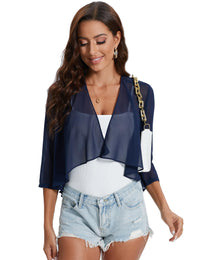 Garvee Bolero estivo da donna in chiffon, cardigan, manica 3/4, blu navy, elegante e leggero, taglia XL