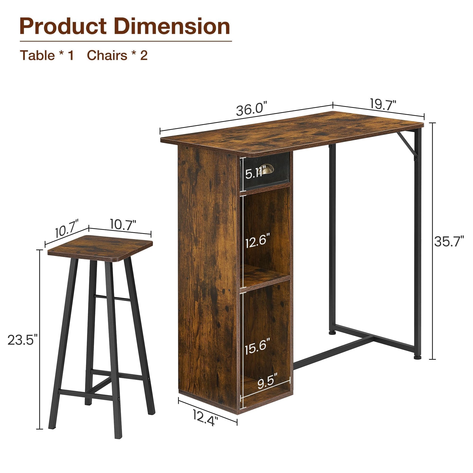 Set tavolo e sedie da bar Garvee con triplo spazio di archiviazione, set da bistrot per 2 persone, robusta struttura in ferro, piano in MDF, cuscini ergonomici, compatto per cucina e bistrot