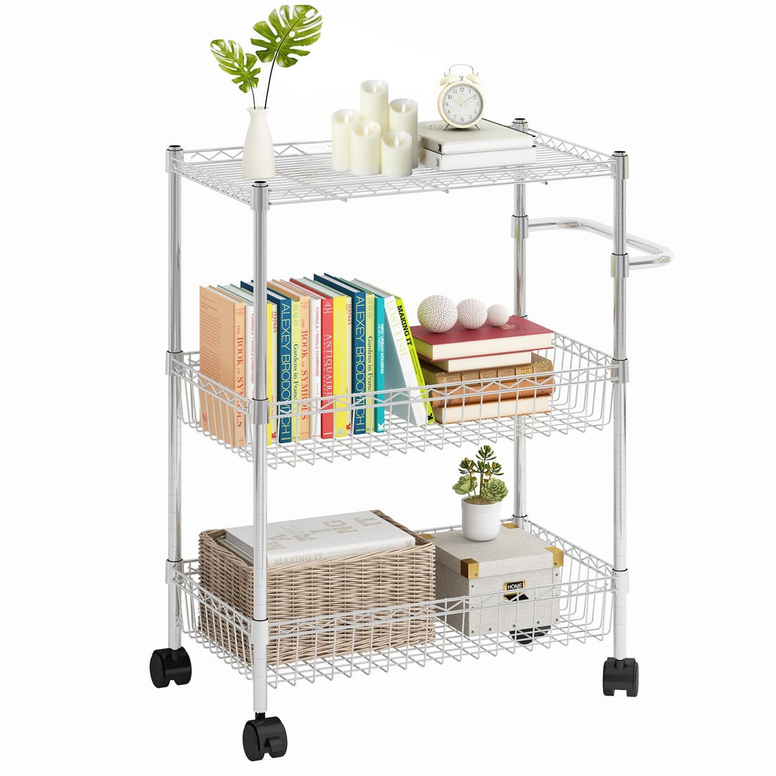 Carrello in metallo Garvee a 3 ripiani con cestini, ripiani regolabili per cucina e bagno, altezza 31,5", cromato