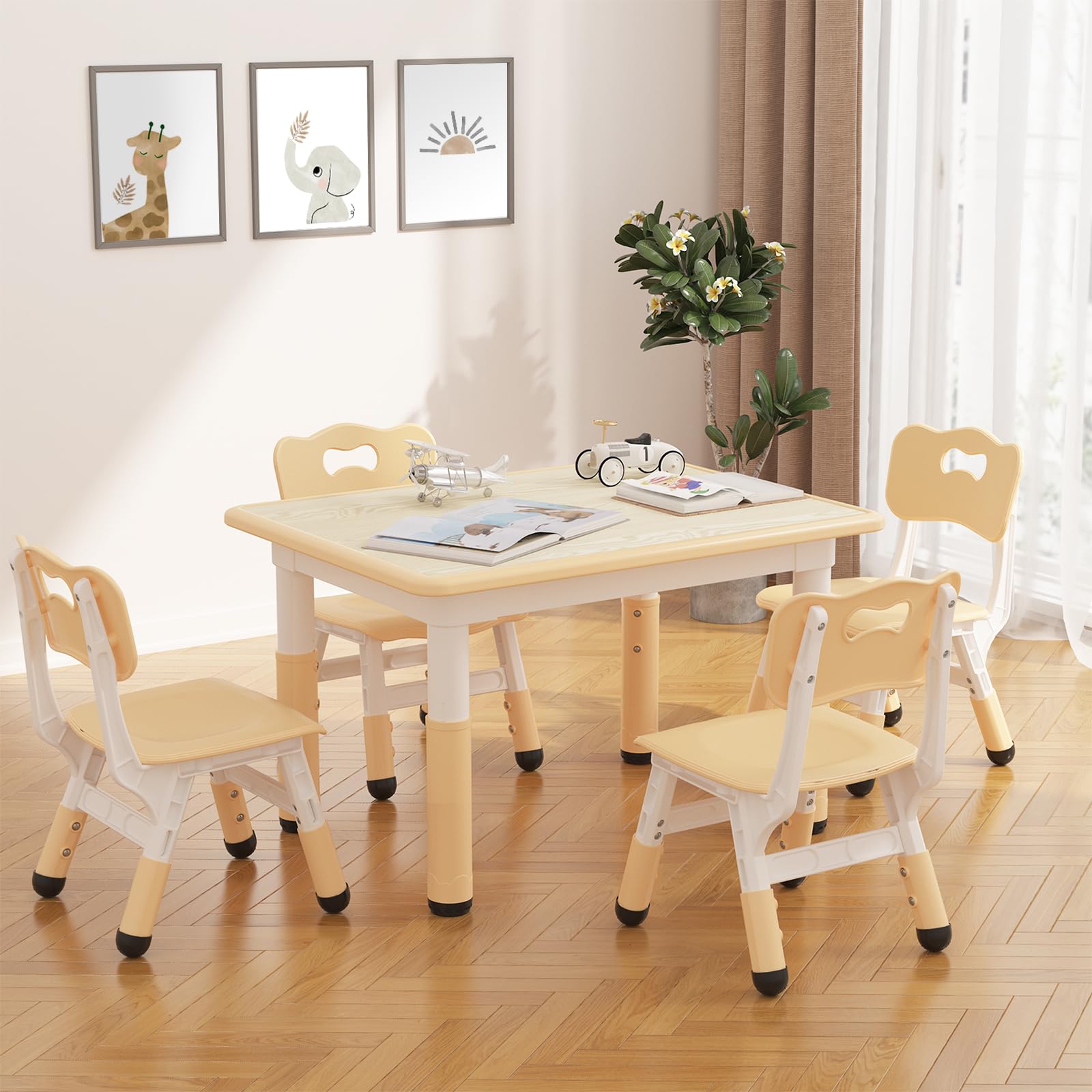 Garvee Tavolo Bambini con 4 Sedie Regolabile Altezza, Piano Scrivibile, Piedi Antiscivolo, Legno Rovere, Casa e Scuola, Multicolore
