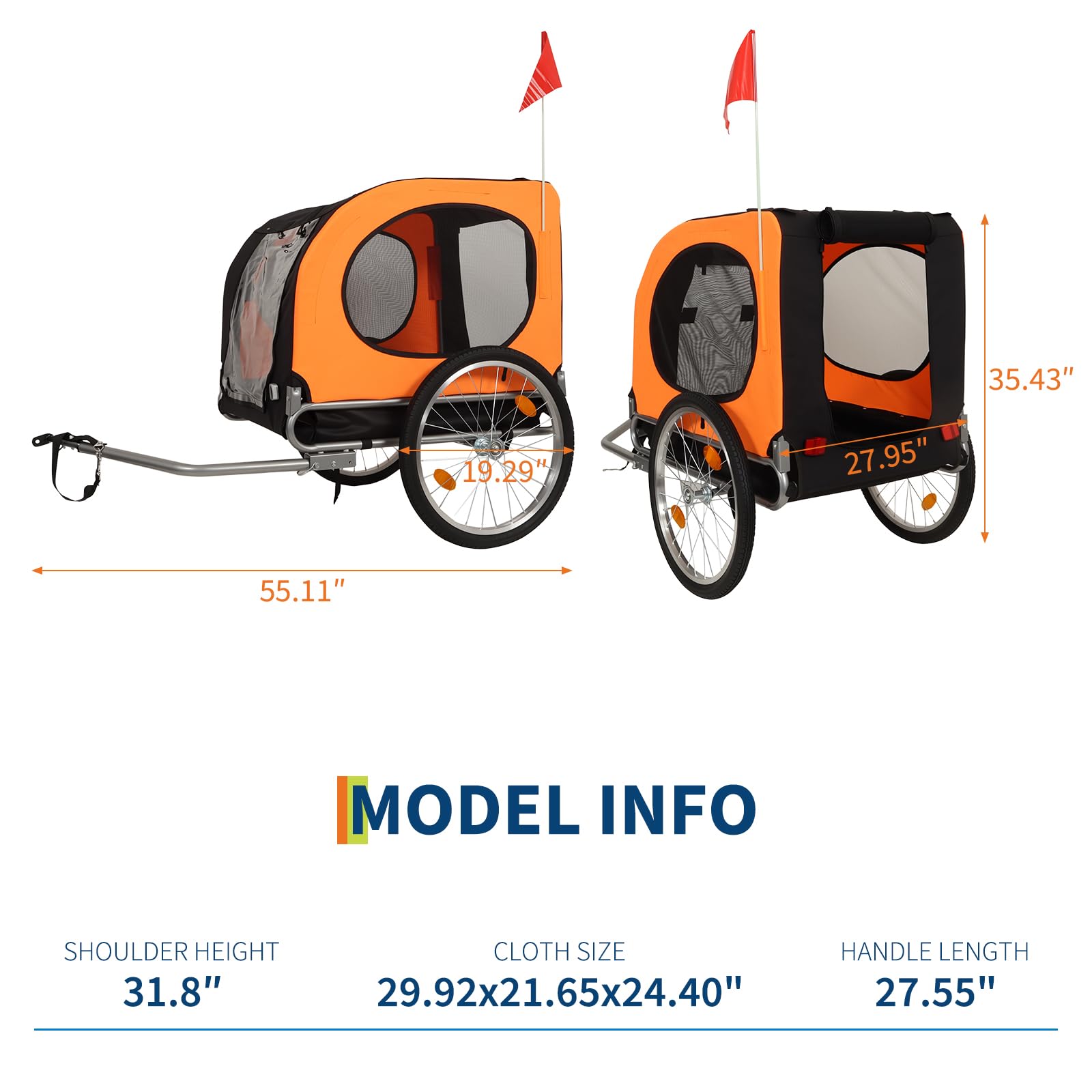 Garvee Rimorchio per cani Rimorchio per bicicletta Fino a 40 kg con bandiera Tela Oxford 600D resistente alle intemperie Per cani di grossa taglia 22-28 pollici Arancione