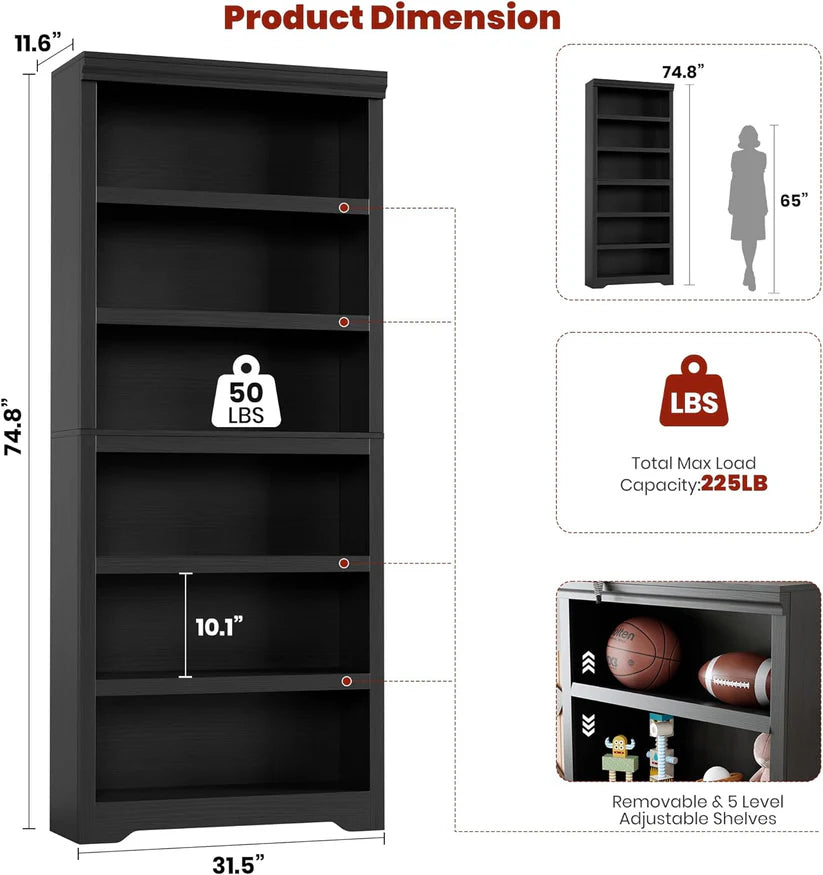 Garvee Libreria 6 Ripiani Alta 191 cm, Scaffale Regolabile, MDF Nero, Stile Rustico per Soggiorno e Studio