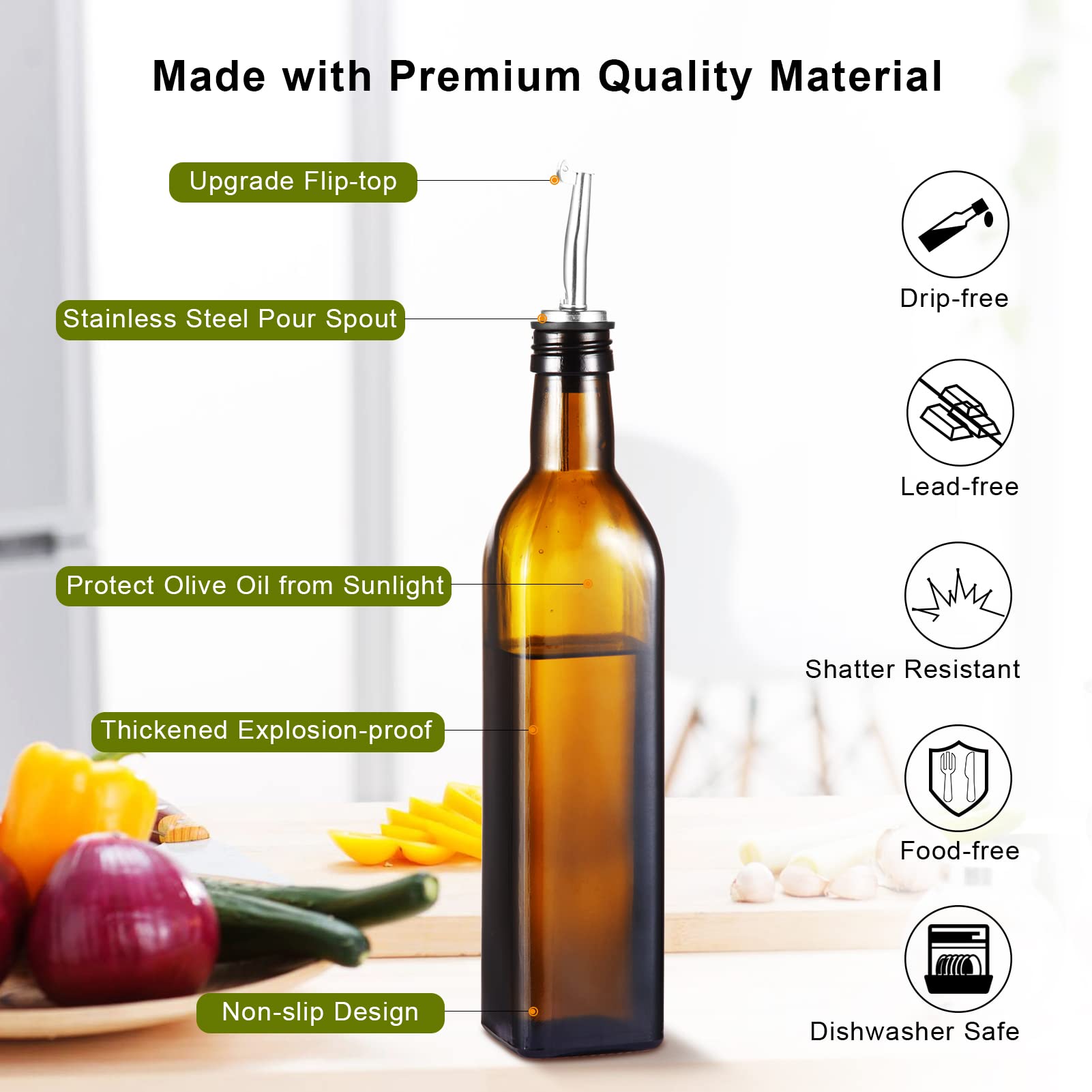Dispenser per olio d'oliva Garvee da 17 once in vetro ambrato con versatore e imbuto in acciaio inossidabile per cucina e cottura, ermetico, antigoccia, salvaspazio
