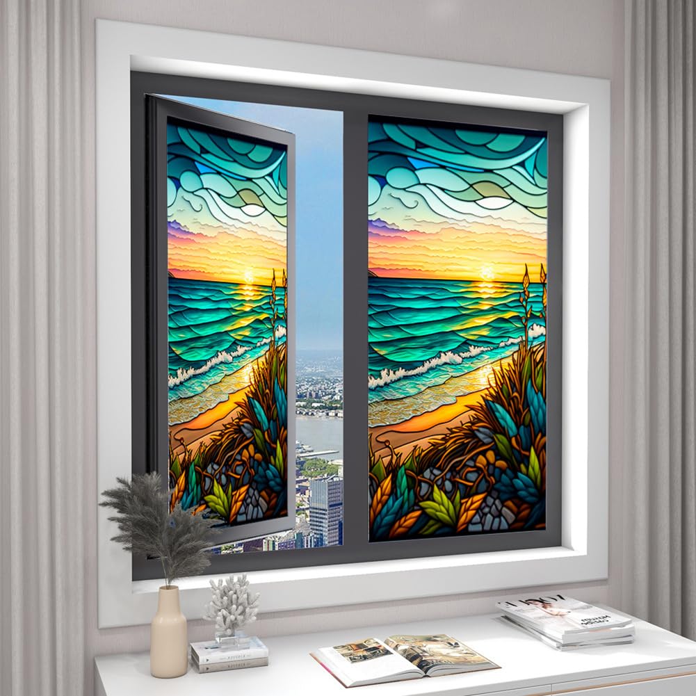 Pellicola per finestre in PVC Garvee con motivo tramonto sul mare, 45x100 cm, colorata, non adesiva, riutilizzabile, per soggiorno e ufficio
