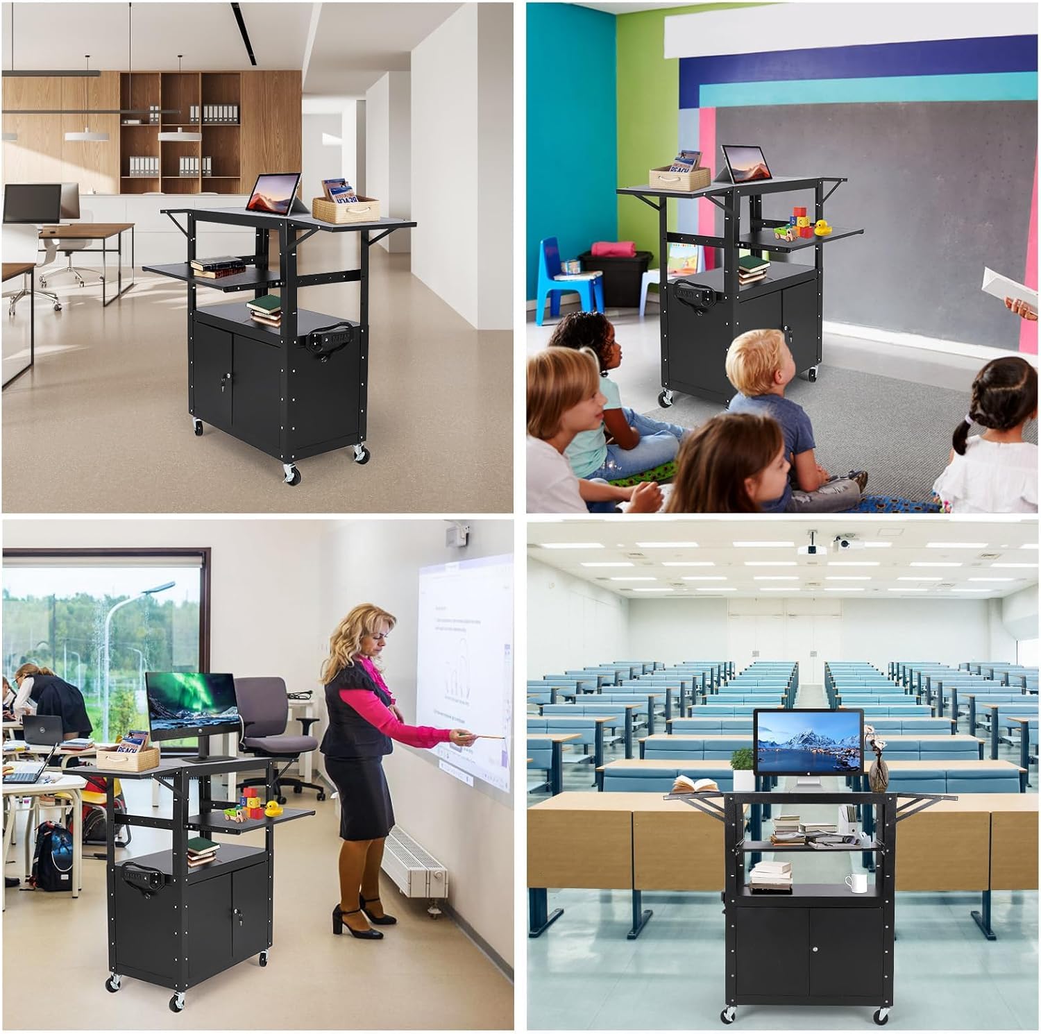 Carrello AV mobile Garvee con mobiletto bloccabile, altezza regolabile, supporto per laptop, acciaio, postazione di lavoro mobile, spazio di archiviazione, ideale per uffici, nero