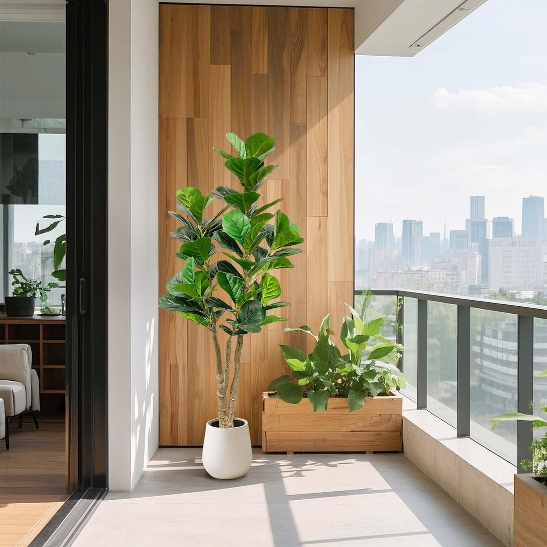 Garvee Grande albero di Banyan artificiale da 150 cm con vaso bianco per uso interno ed esterno, soggiorno, ufficio, balcone, decorazione