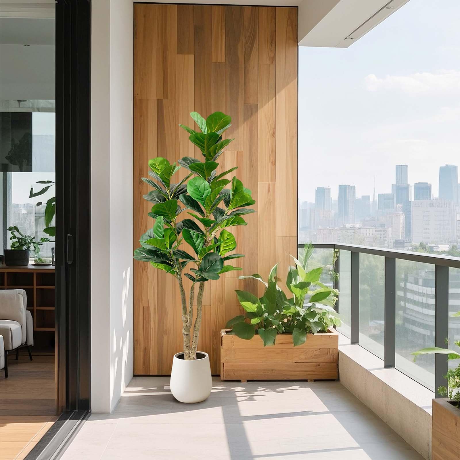 Garvee Grande albero di Banyan artificiale da 150 cm con vaso bianco per uso interno ed esterno, soggiorno, ufficio, balcone, decorazione
