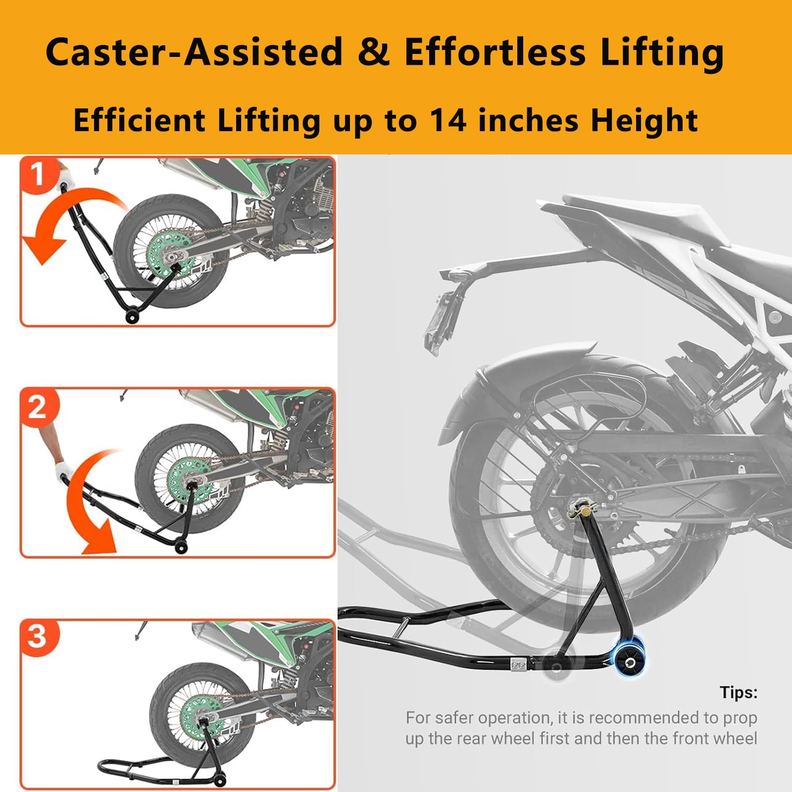 Cavalletto per moto Garvee da 850 libbre con teste forcella U+L per moto sportive e da cross, in acciaio, antiscivolo, con ruote, regolabile