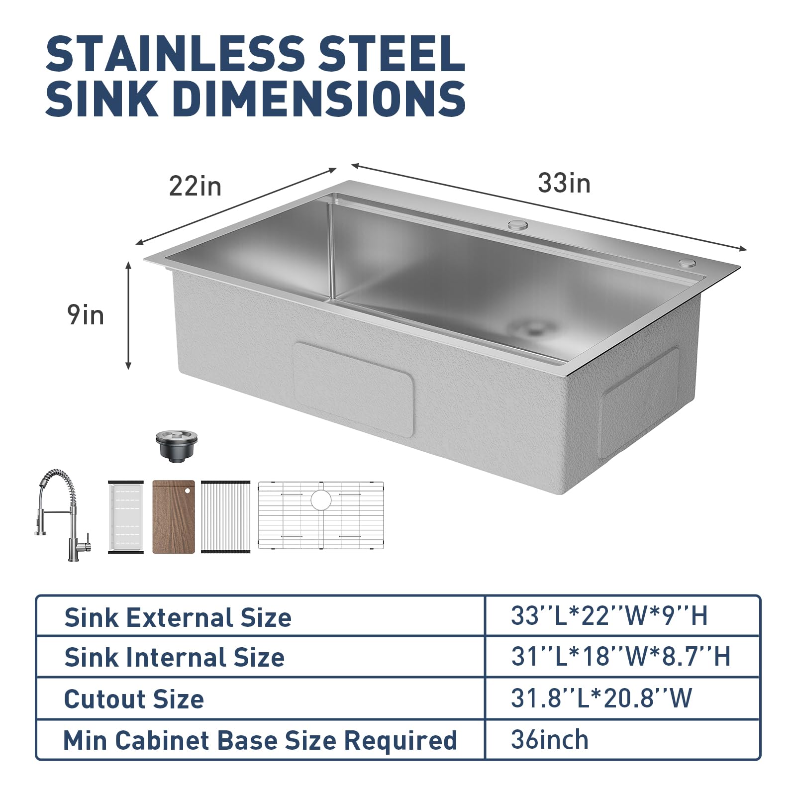 Lavello da incasso Garvee in acciaio inox con 1 vasca (84 x 56 x 23 cm) e accessori: lavello robusto e facile da pulire per la tua cucina