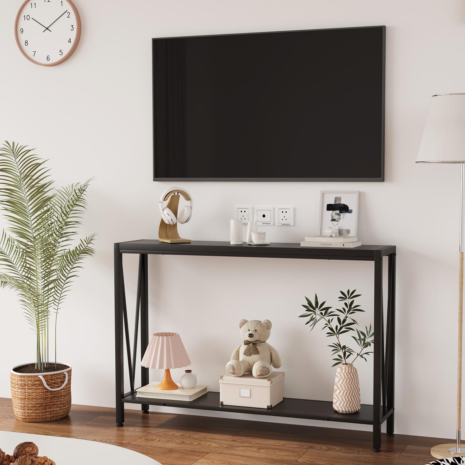 Tavolo consolle stretto a 2 ripiani Garvee per divano, ingresso, corridoio, soggiorno, 42.9x9.8x29.9 pollici, nero, salvaspazio, robusto