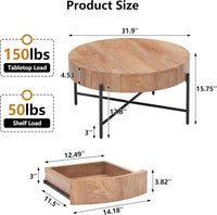 Tavolino da caffè rotondo in legno Garvee con 2 cassetti, gambe in metallo, stile rustico per soggiorno, stile fattoria, dimensioni medie, marrone