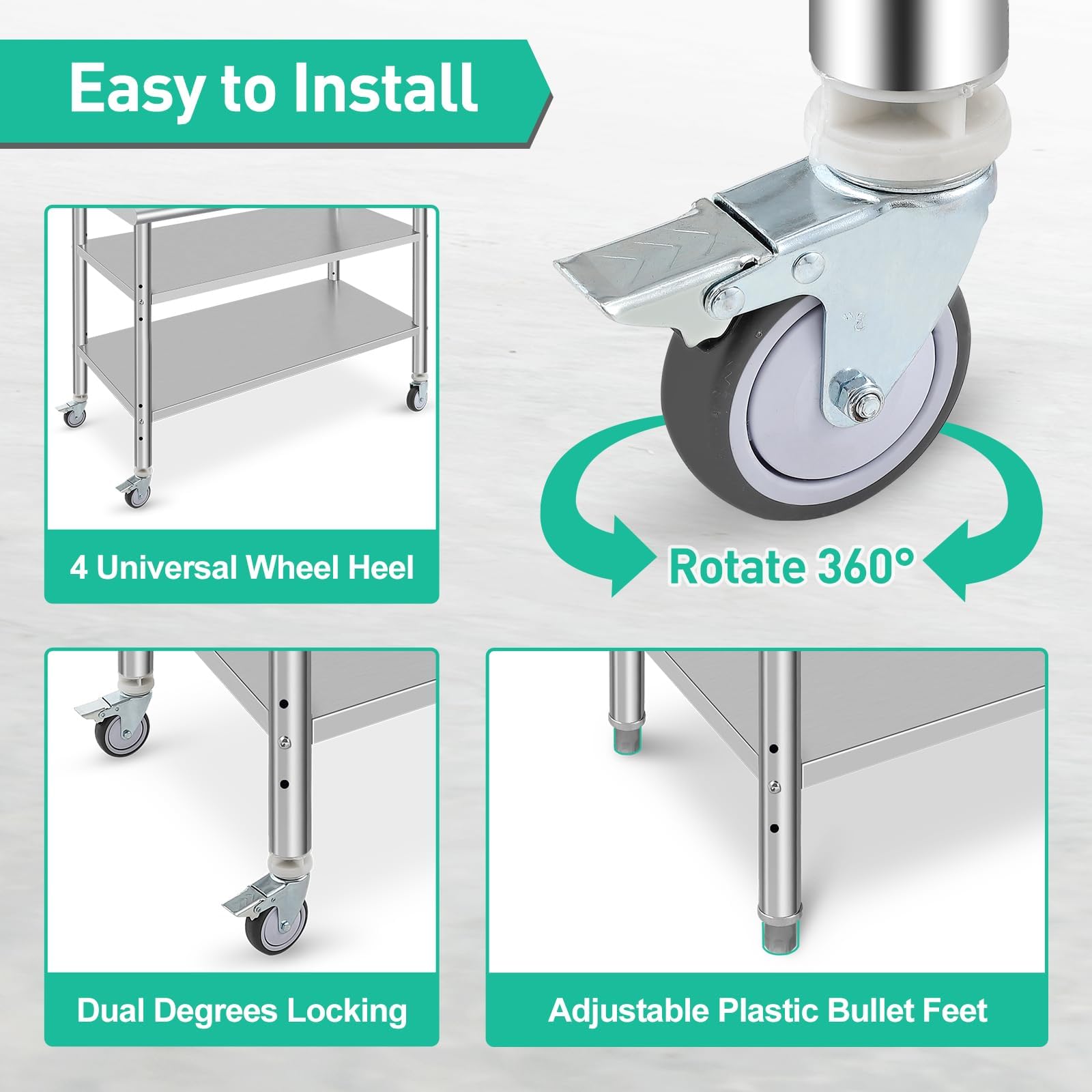 Tavolo da Lavoro in Acciaio Inossidabile Garvee 48x24x35" - 3 Livelli, Altezza Regolabile, 4 Ruote - Ideale per Festa del Papà in Cucina e Ristorante