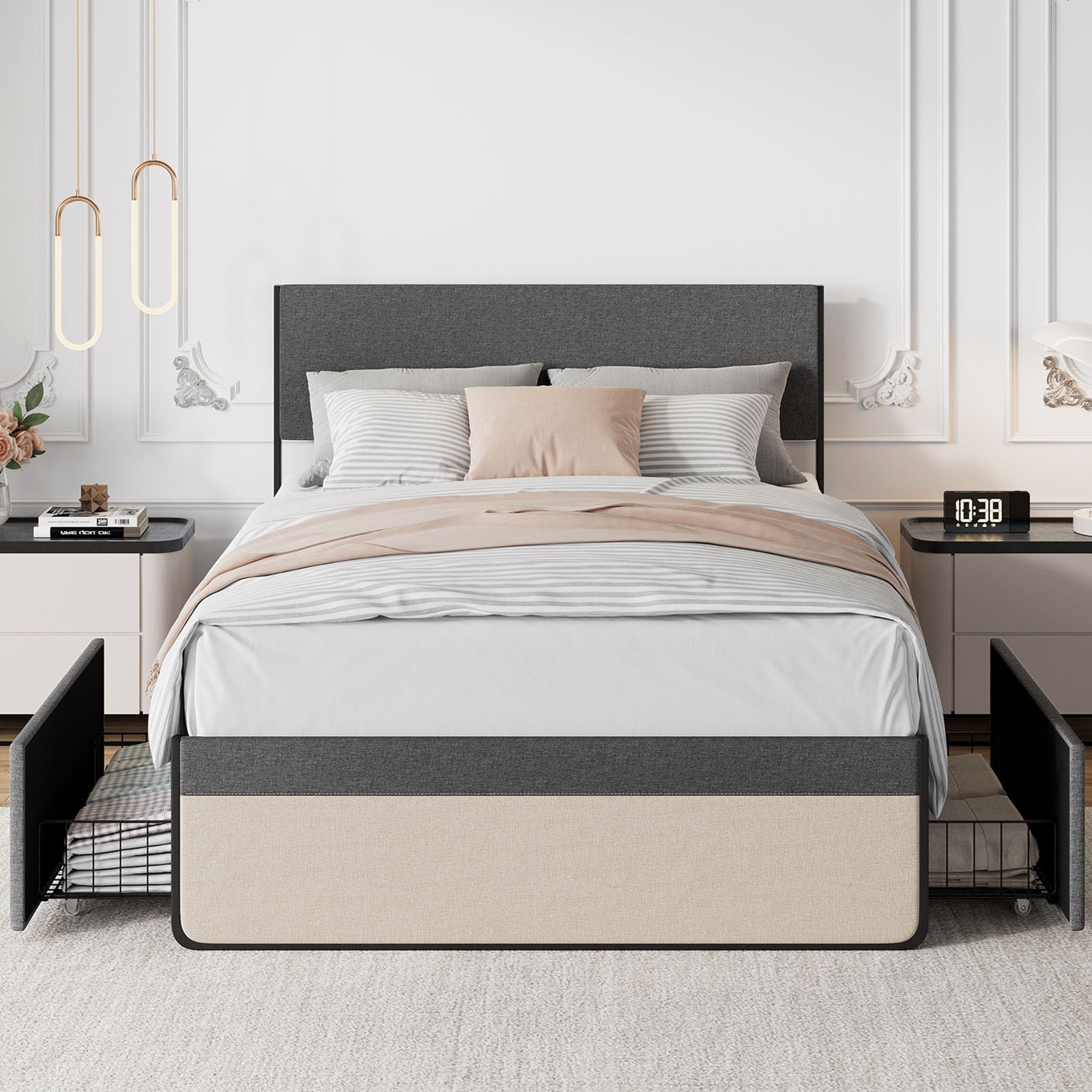 Letto matrimoniale Garvee con testiera, 2 cassetti, doghe in metallo, silenzioso, tessuto in lino grigio, camera da letto