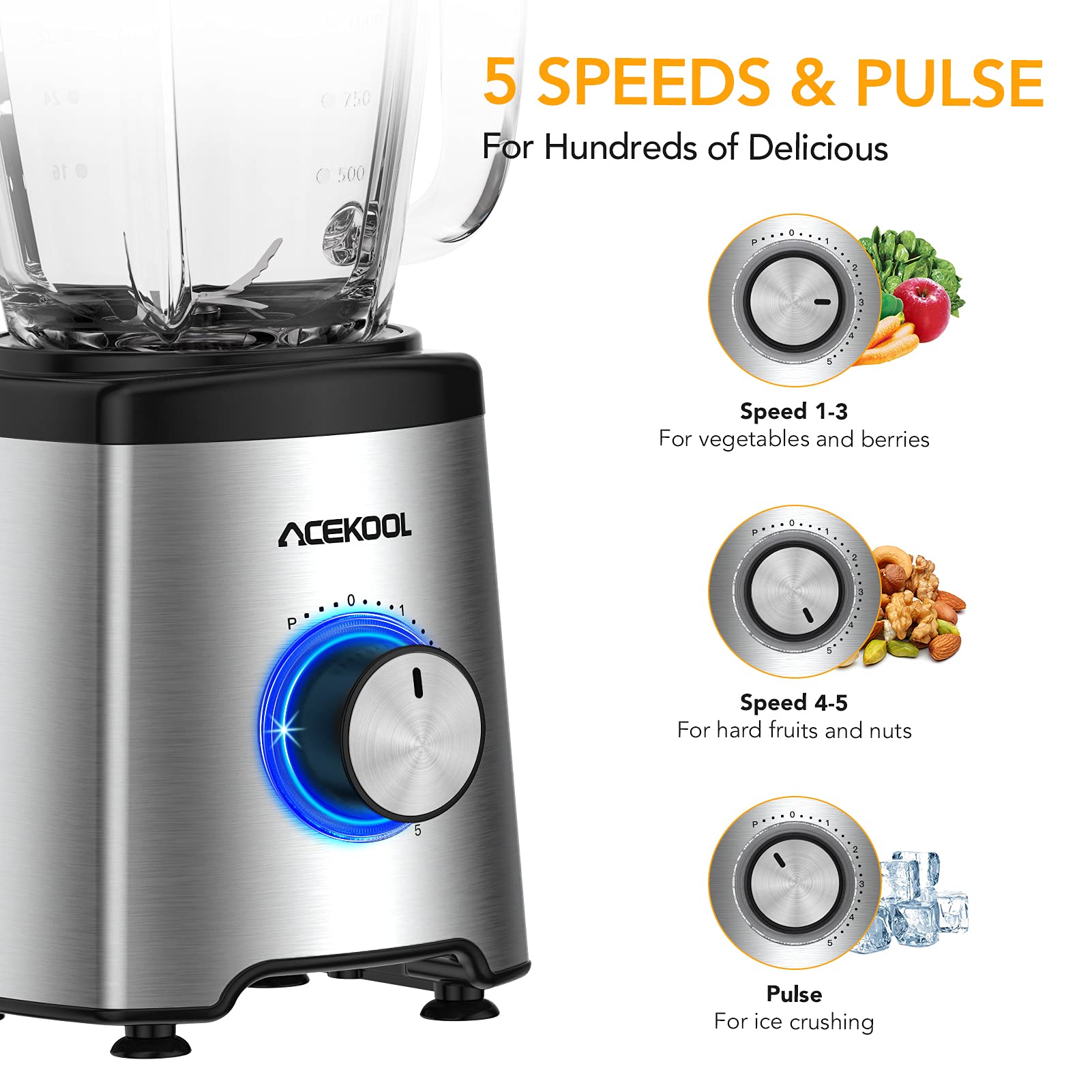 Robot da cucina Garvee da 800 W con contenitore in vetro da 1,75 l senza BPA, 6 lame in acciaio inox, 5 impostazioni di velocità, silenzioso, nero