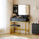 Garvee Schminktisch Set Con LED Regolabile, 4 Cassetti, MDF Nero Oro, Camera Da Letto, Stazione Di Ricarica USB, Sgabello Imbottito - Black