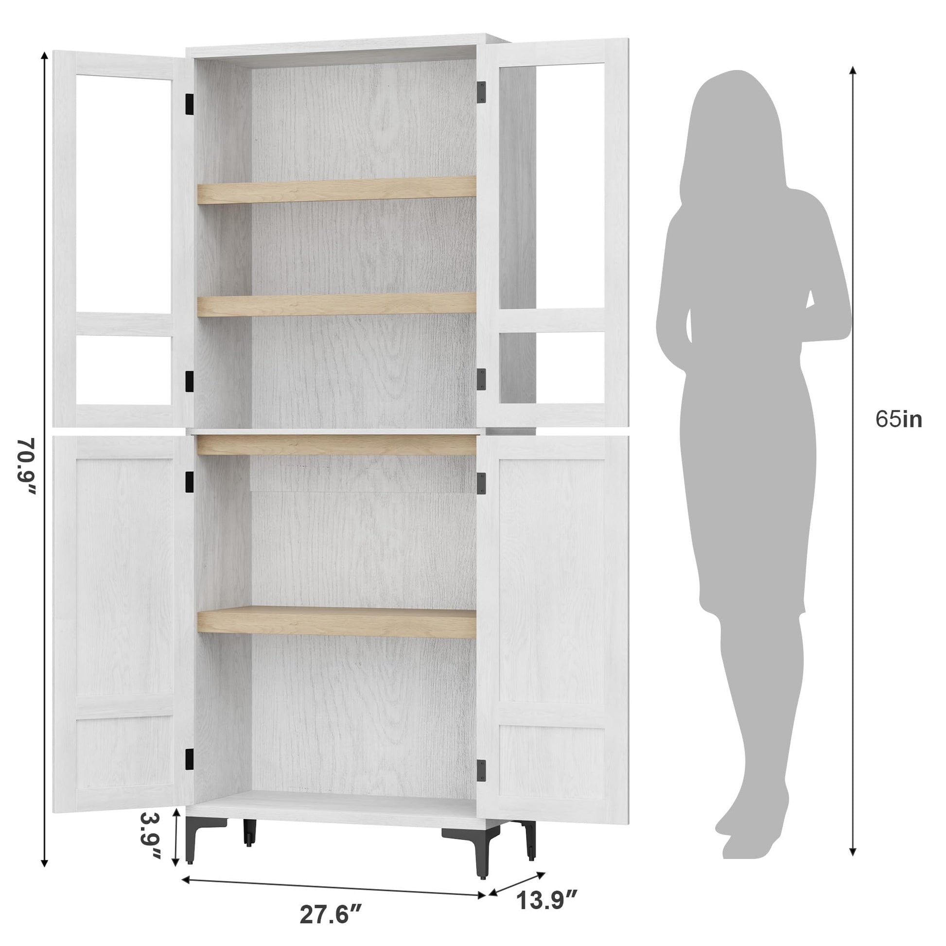 Mobile dispensa da cucina Garvee alto 180 cm con ante in vetro, 4 ante, 5 ripiani regolabili, in legno, per cucina e bagno, chiusura magnetica, indipendente, design moderno