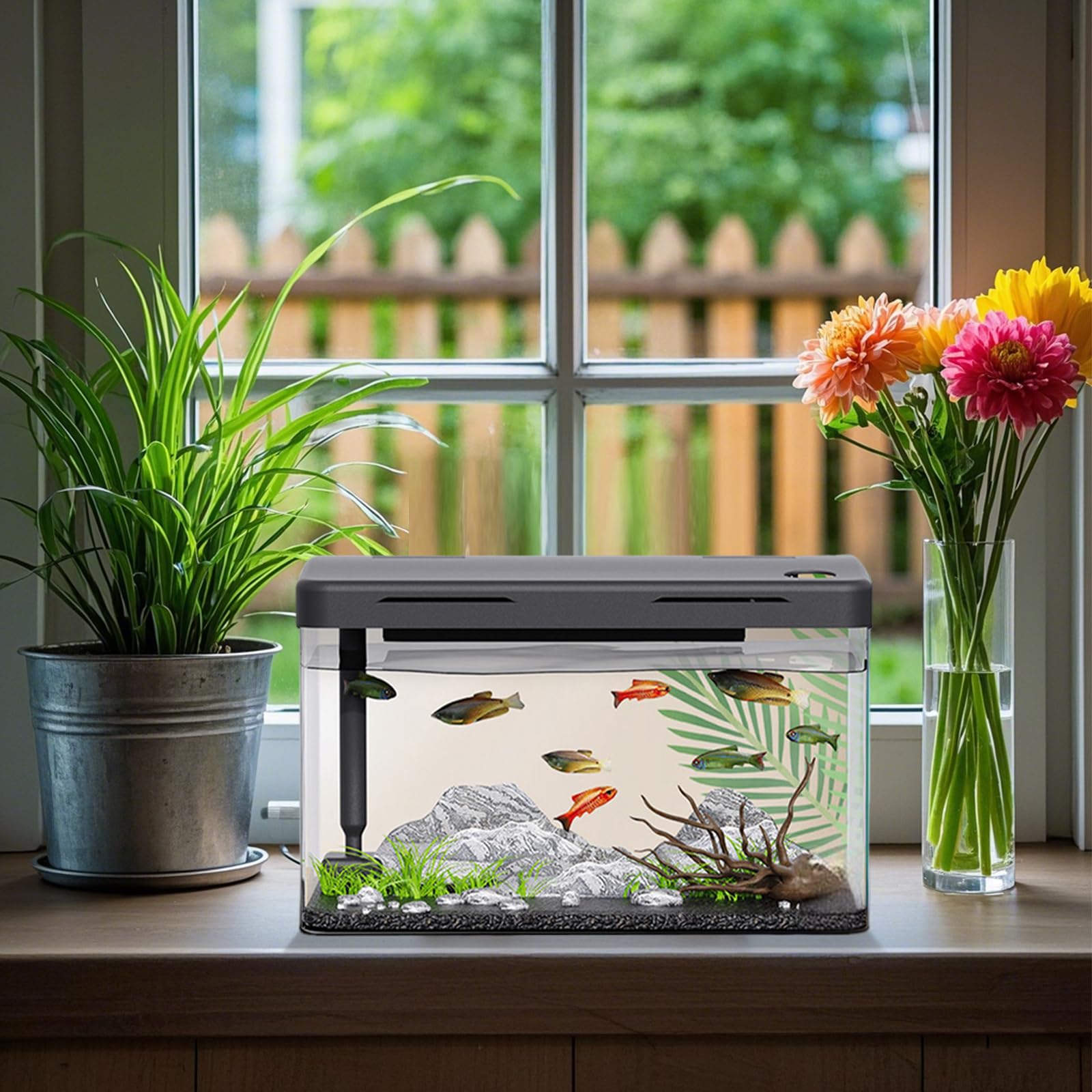 Kit di avviamento per acquario Garvee con filtro e apporto di ossigeno, pompa ultra silenziosa, acrilico, illuminazione a LED, mini rettangolare, decorazione da tavolo