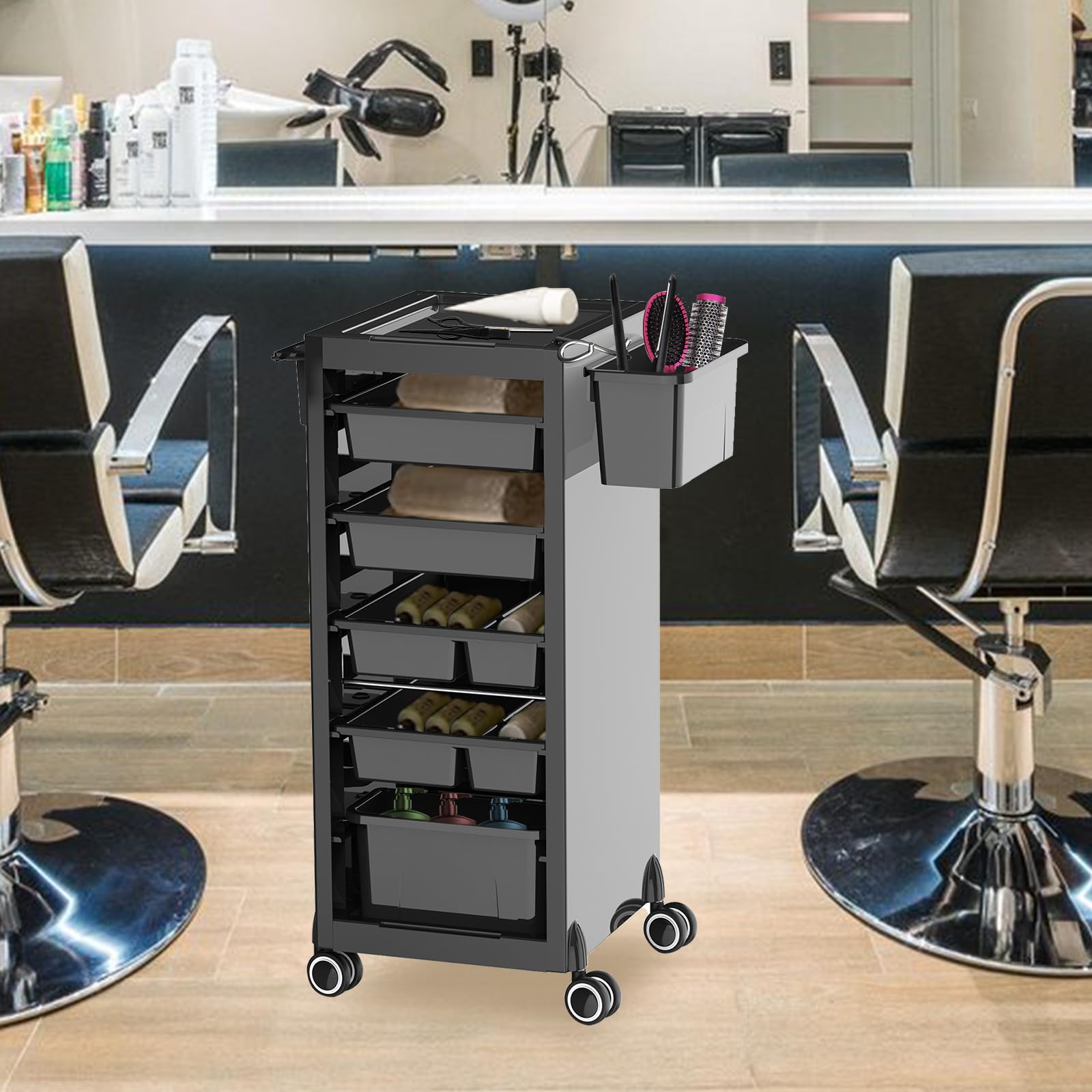 Carrello per salone con 6 cassetti – Carrello con ruote e porta asciugacapelli per salone e studio, nero