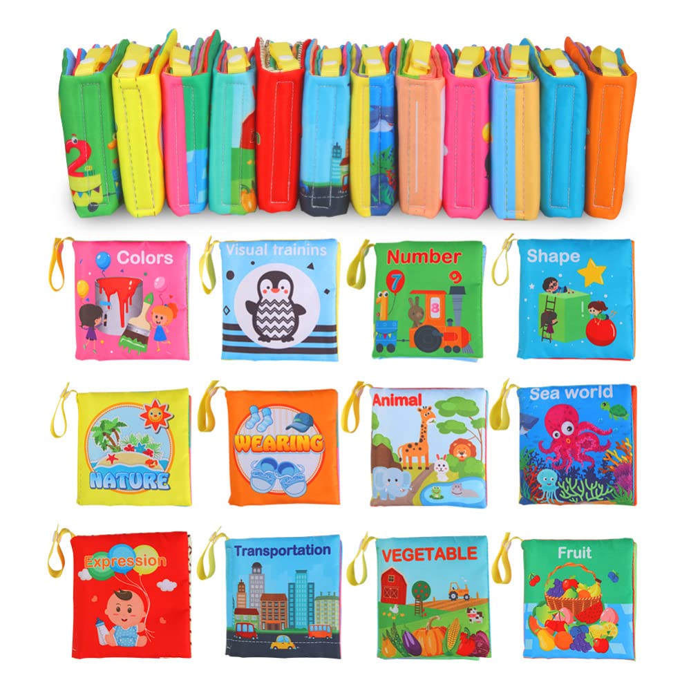 Set di libri didattici in tessuto per bambini Garvee, 12 pezzi, cotone, lavabili, morbidi, atossici, per neonati e bambini piccoli, educazione precoce, regalo, 10,5x10,5 cm