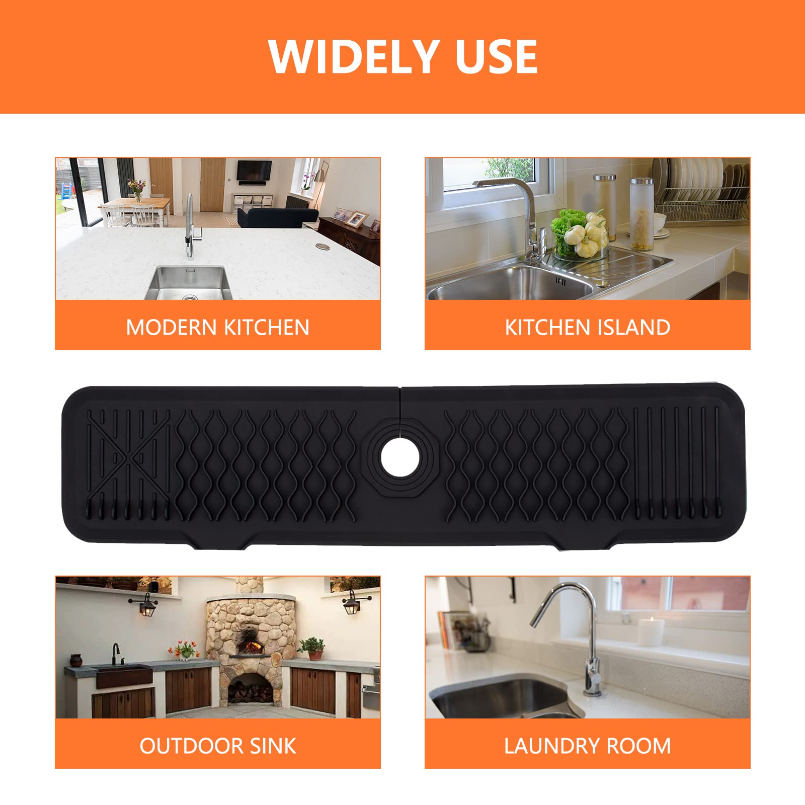 Tappetino raccogli gocce in silicone per rubinetto Garvee 61 x 14 x 0,5 cm, nero, per cucina, bagno, lavello, dispenser di sapone