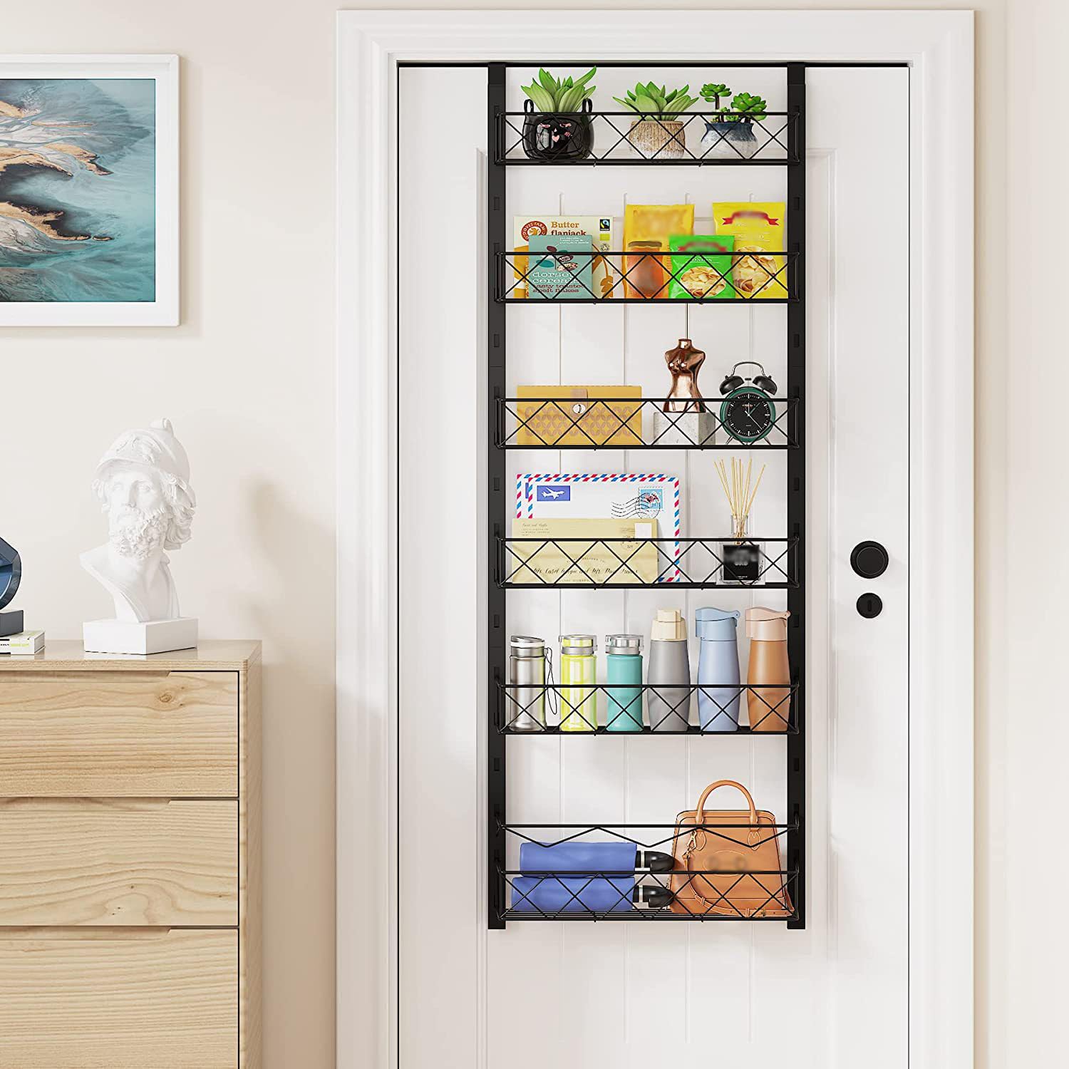 Mensola da cucina Garvee sopra la porta, 6 ripiani, regolabile, in metallo, nera, per risparmiare spazio in cucina e in bagno