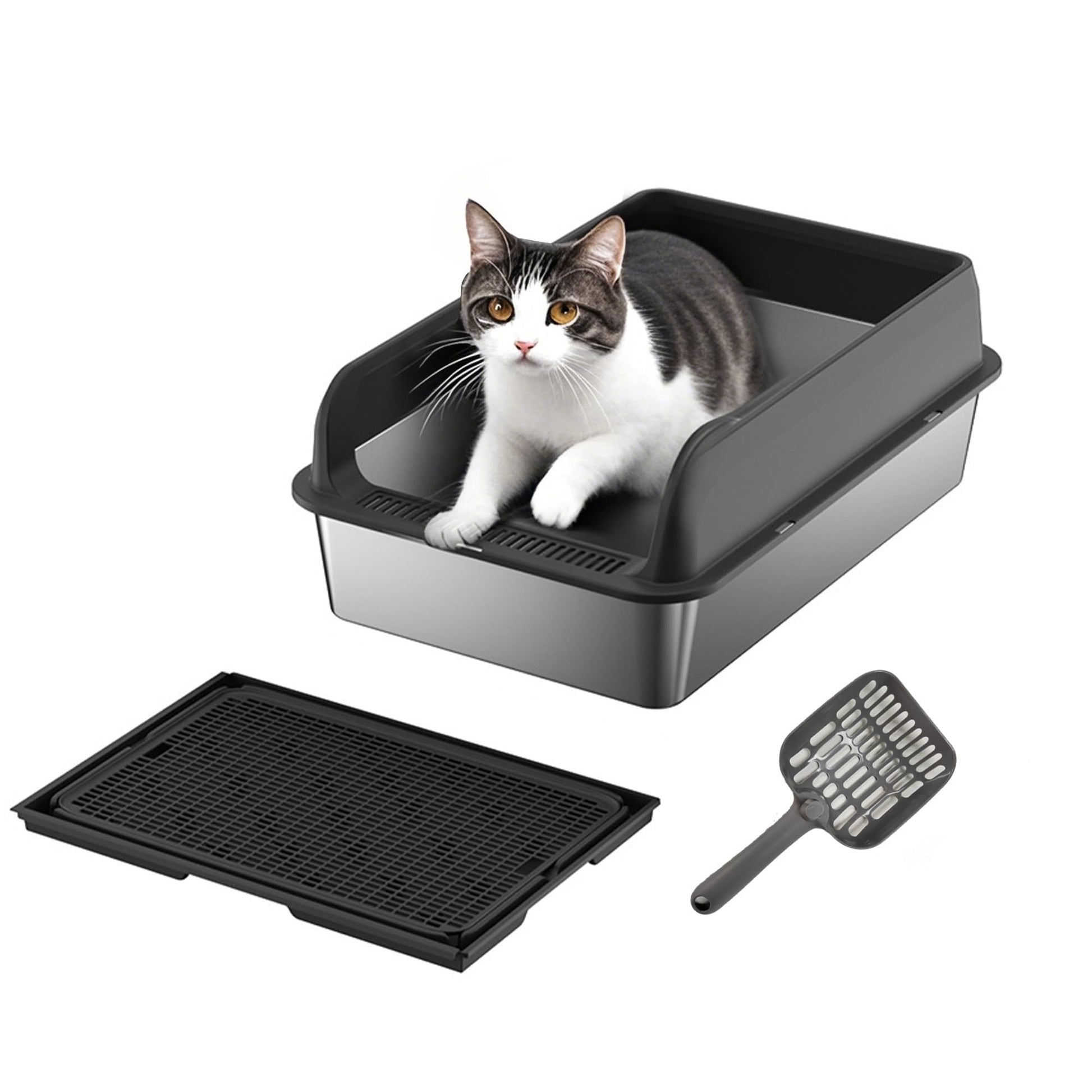 Lettiera per gatti Garvee in acciaio inox con coperchio, profonda 15 cm, antiruggine, grande capacità per uso domestico, doppio tappetino per lettiera, facile da pulire