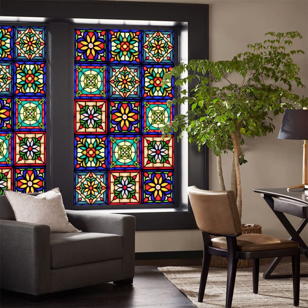 GARVEE Pellicola per vetri colorati Fiori retrò Adesivi statici Non adesivi 60x100 cm Privacy decorativa per casa e ufficio