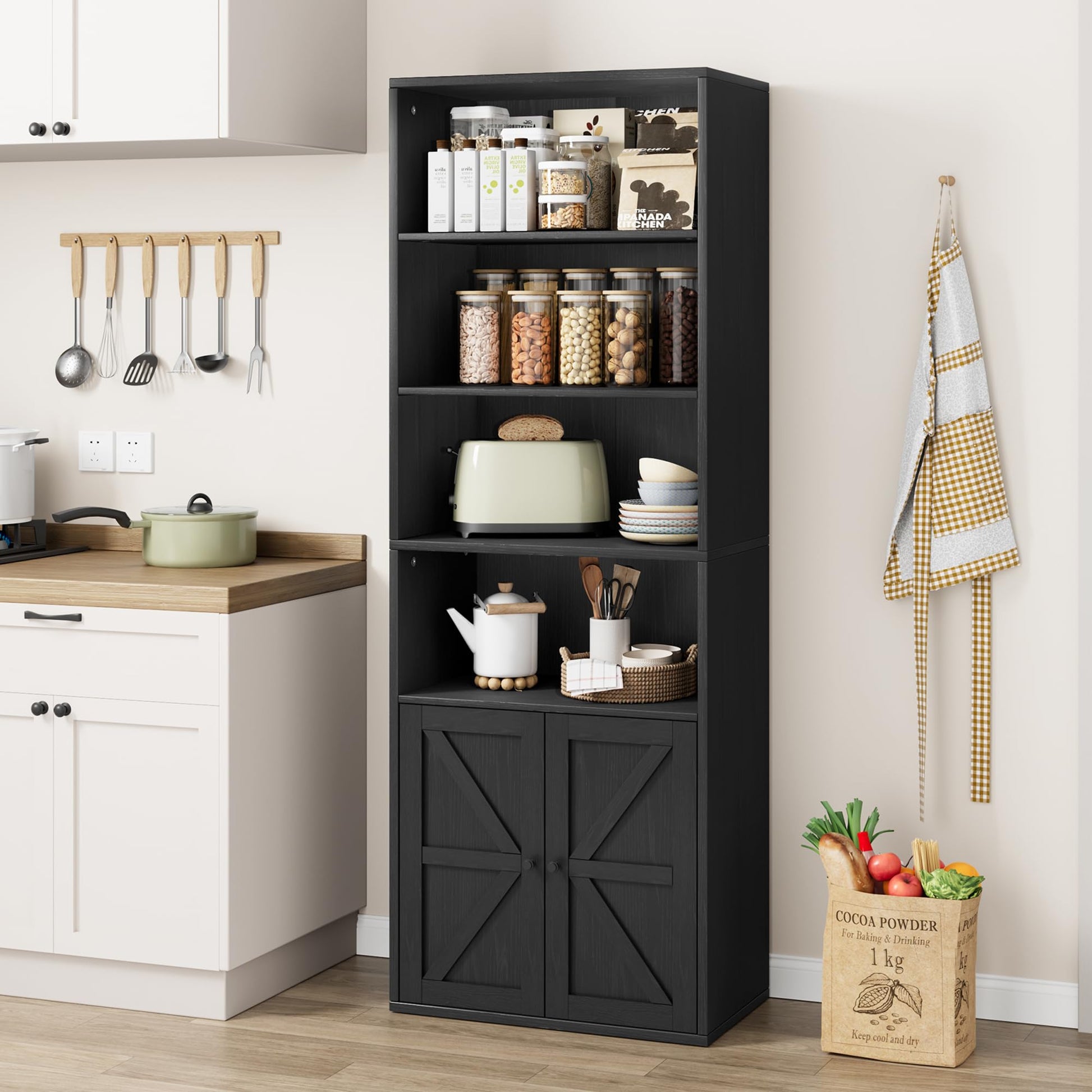 Libreria Garvee con ante, stile industriale, 6 ripiani, stile fattoria, contenitore in legno, profondità 11,8 pollici, altezza 71,4 pollici, bianco, per soggiorno, ufficio, camera da letto