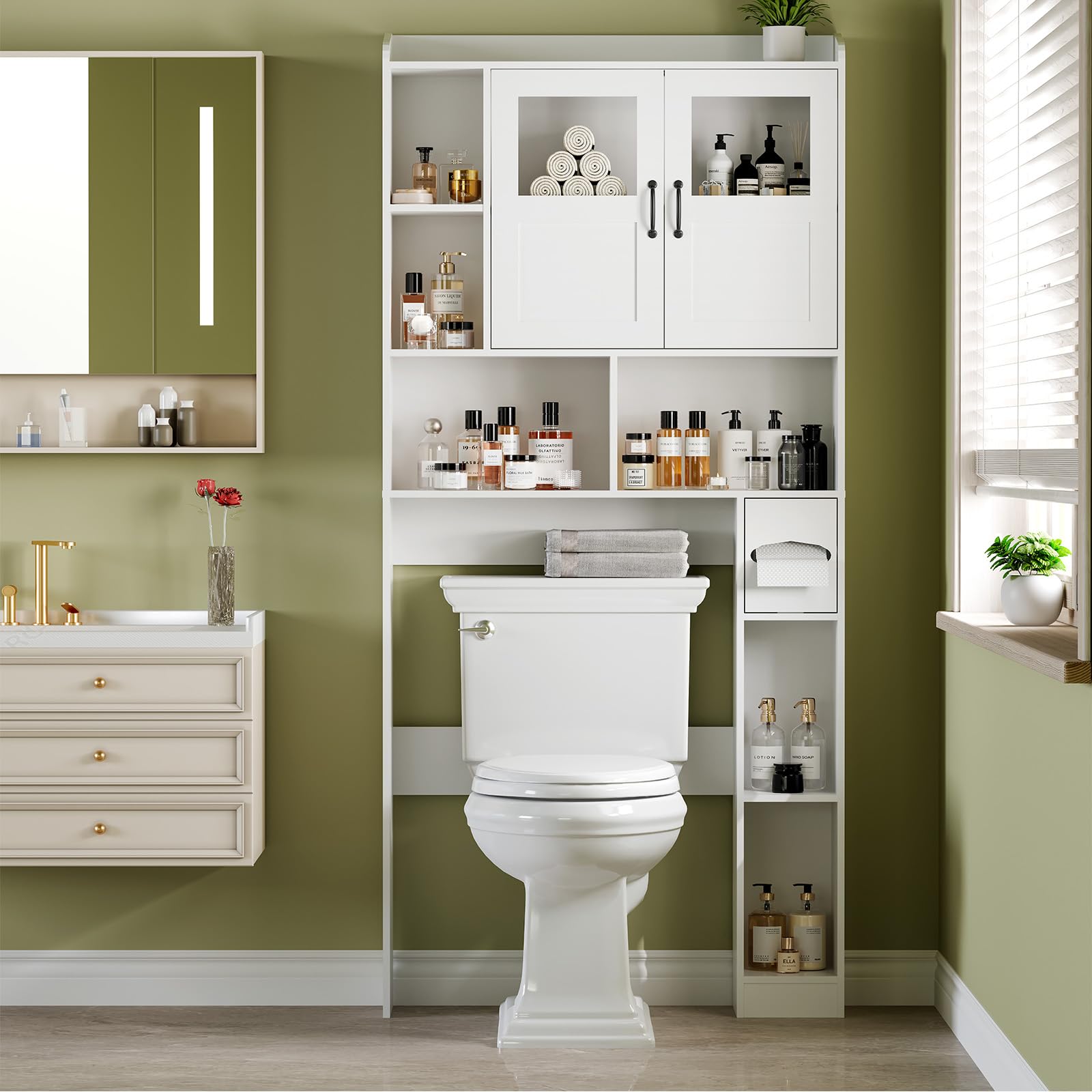 Mobiletto portaoggetti sopra il WC Garvee con ripiani regolabili e anta in vetro per bagno e lavanderia, marrone