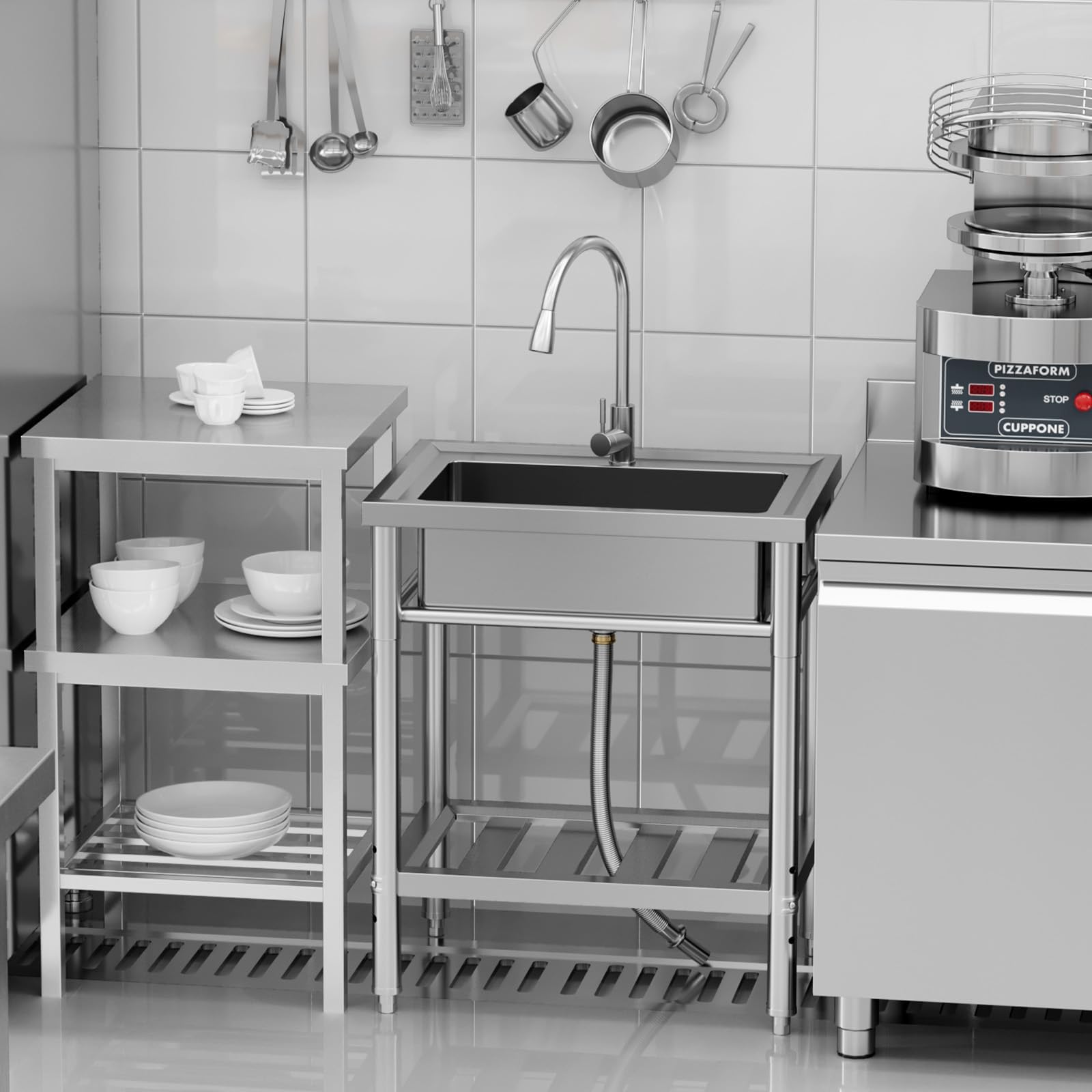 Lavello Garvee in acciaio inox a una vasca con rubinetto estraibile per cucina e garage 70 x 50 x 86 cm antiruggine