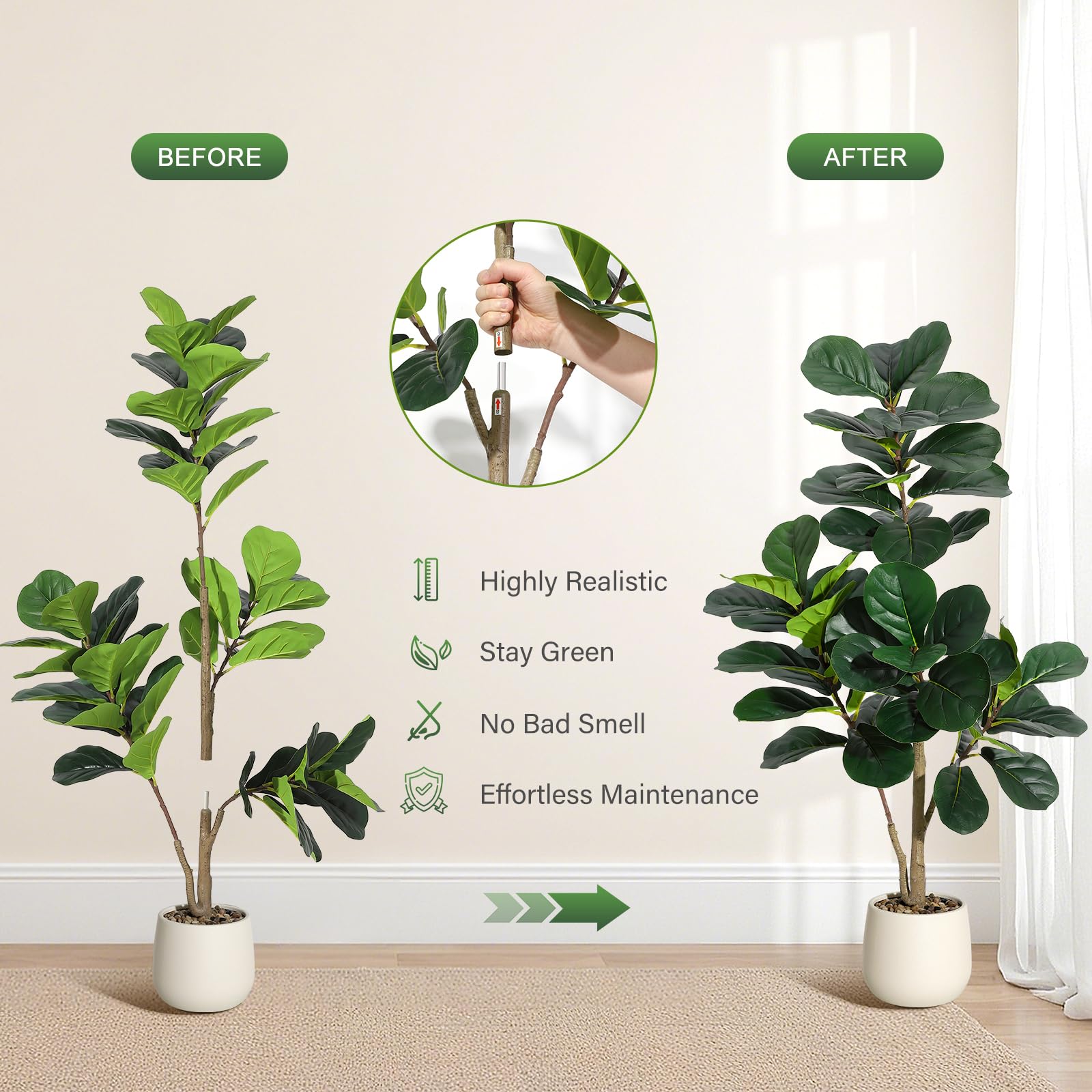 Albero artificiale di Ficus Lyrata Garvee da 4 piedi con 48 foglie, fioriera bianca da 7,8 pollici, base in cemento robusto per soggiorno e ufficio