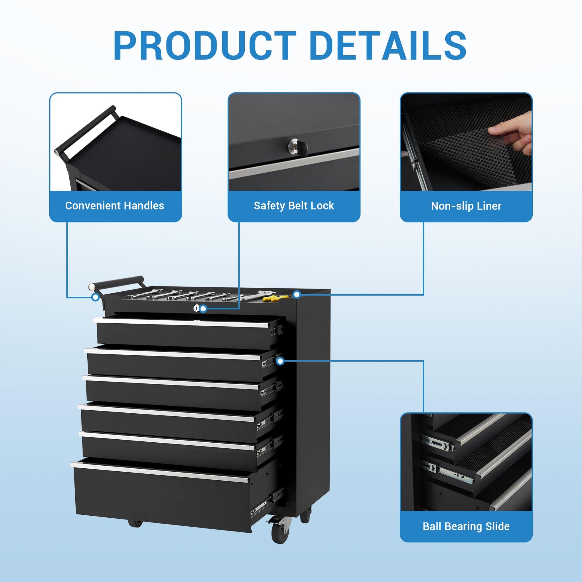 Carrello portautensili Garvee con 6 cassetti, ruote, serratura, acciaio per officina e garage, 24 pollici, nero