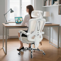 Sedia da ufficio ergonomica Garvee con poggiatesta regolabile, supporto lombare, poggiapiedi estensibile per ufficio domestico, beige, altezza regolabile, rete traspirante