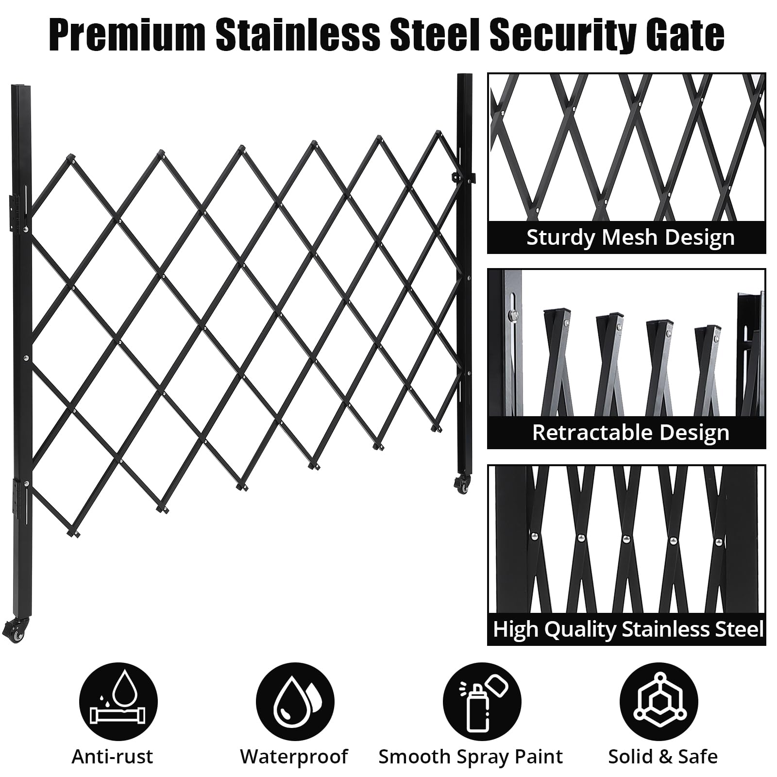 Cancello di sicurezza pieghevole singolo Garvee 71"x61" in acciaio con rulli a 360° blocco per cortile e garage nero