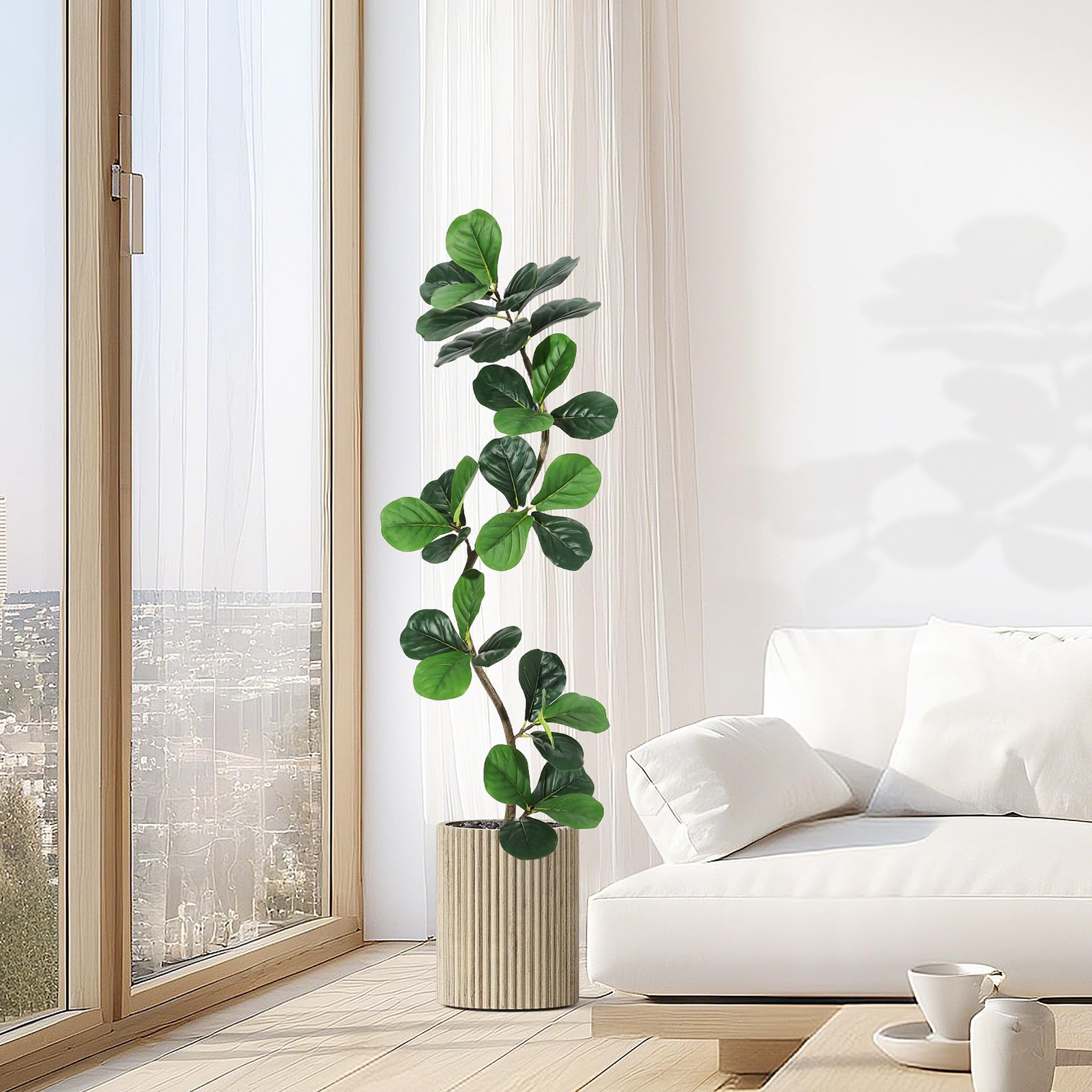 Albero di fico artificiale Garvee a foglia di violino, vaso bianco da 5 piedi per soggiorno e ufficio, foglie di seta realistiche, rami regolabili, resistente alle intemperie