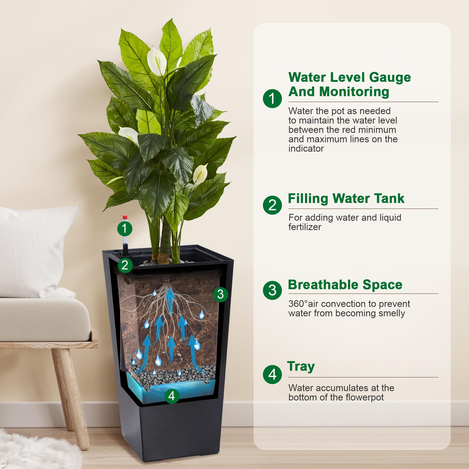 Garvee Set di 2 fioriere alte 22,5" con irrigazione automatica per giardino e patio, nere, plastica resistente alle intemperie, 22,5 pollici