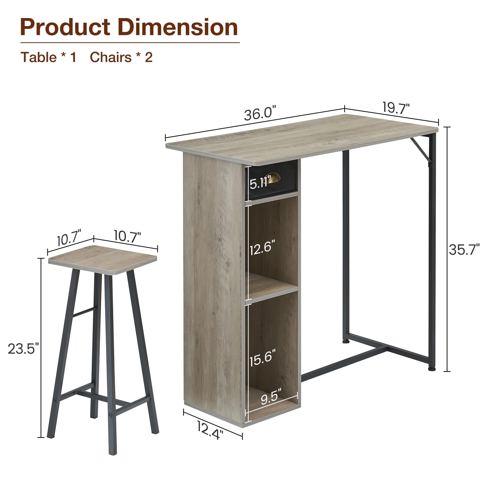 Set tavolo e sedie da bar rustico Garvee, 3 pezzi con contenitore, cuscini ergonomici, struttura in metallo per appartamento e bar, compatto, impermeabile