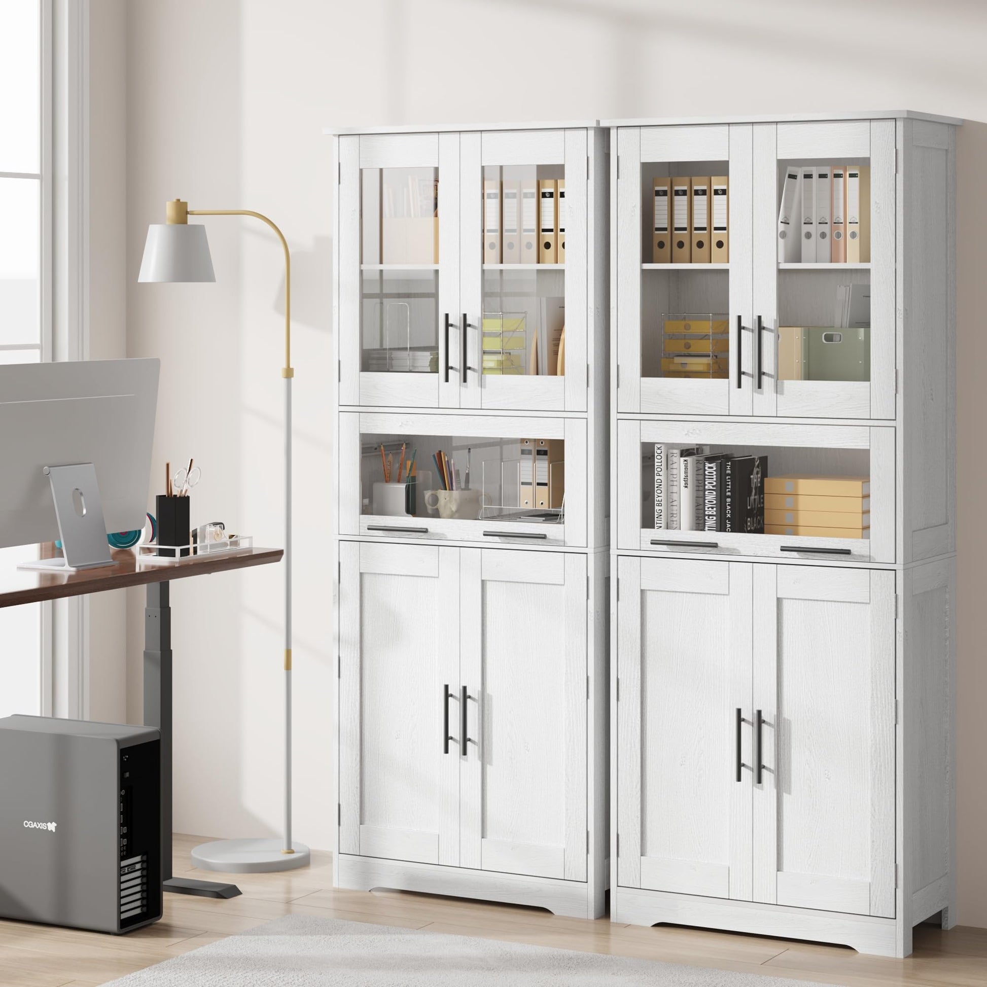 Mobiletto alto da bagno Garvee con ante in vetro, ripiani regolabili, MDF, bianco per cucina e soggiorno, 23,6"x11,8"x66,9"