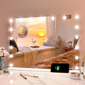 Specchio per il trucco Garvee Hollywood 80 x 60 cm con 17 luci LED e touch, bianco, per trucco professionale