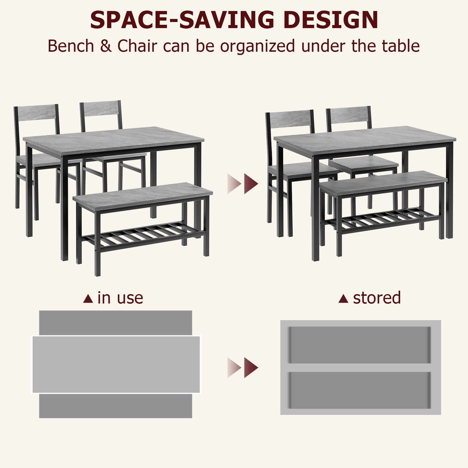 Set da pranzo Garvee per 4 persone con panca, contenitore, MDF robusto e acciaio, salvaspazio, versatile, grigio, ideale per piccoli appartamenti